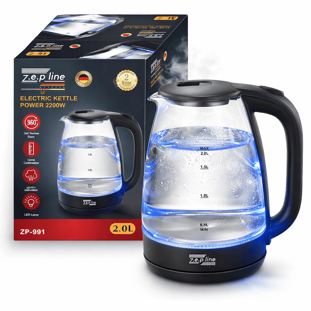 Скляний електрочайник із LED-підсвіткою Zepline ZP-991 (2.0 л, 2200 Вт) — Прозорий чайник з автовимкненням