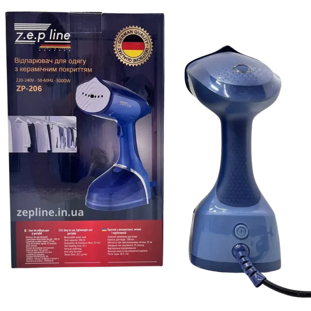 Відпарювач Zepline ZP-206 Синій – компактний, 3000 Вт, резервуар 500 мл
