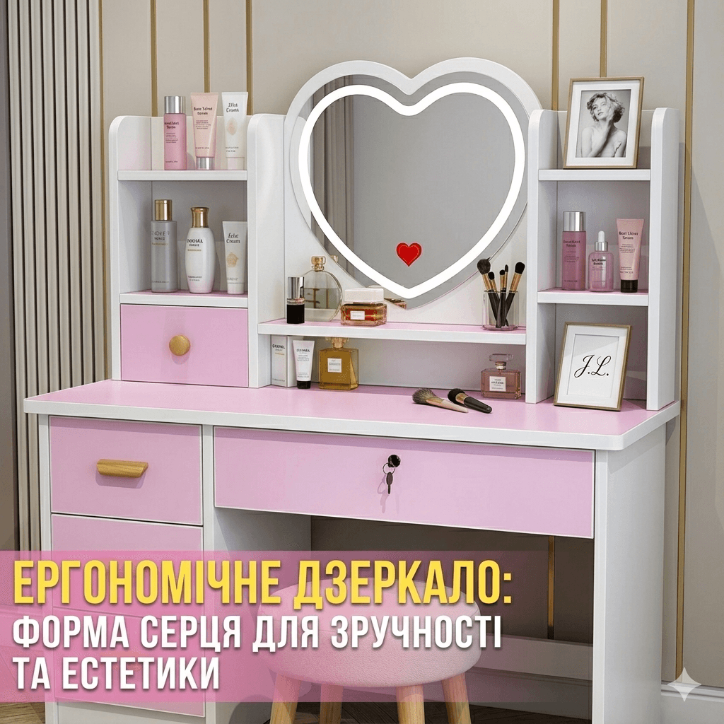 Туалетний стіл ік з LED-дзеркалом у формі серця, пуфиком і шухлядами STL-MD 89