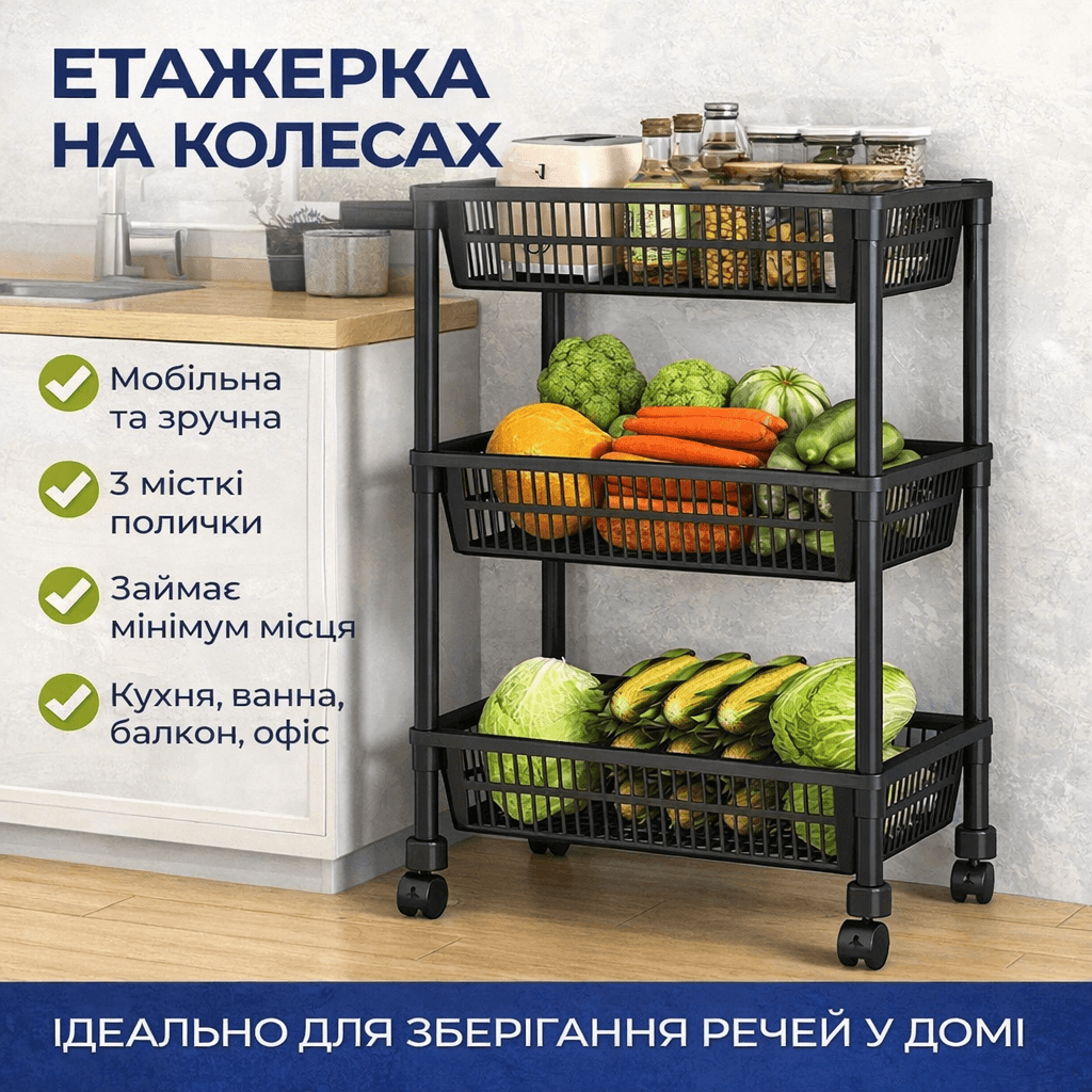 Етажерка універсальна 3-рівнева на колесах/ Стелаж із трьома ярусами для кухні та ванної кімнати