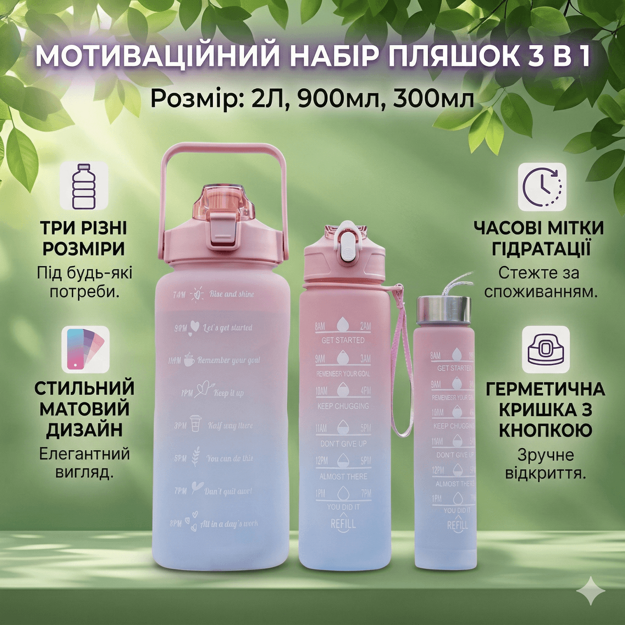 Пляшка для води 3 в 1 Bottle AND264 Рожево-блакитна комплект із 3 спортивних пляшок для води