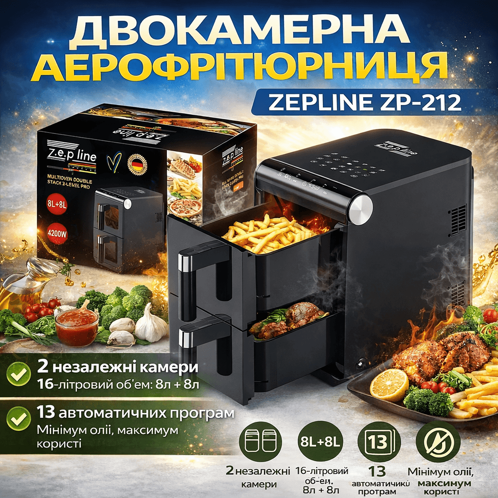 Аерофритюрниця двокамерна Zepline ZP-212 4200 Вт 8L+8L, мультифритюрниця для здорового приготування
