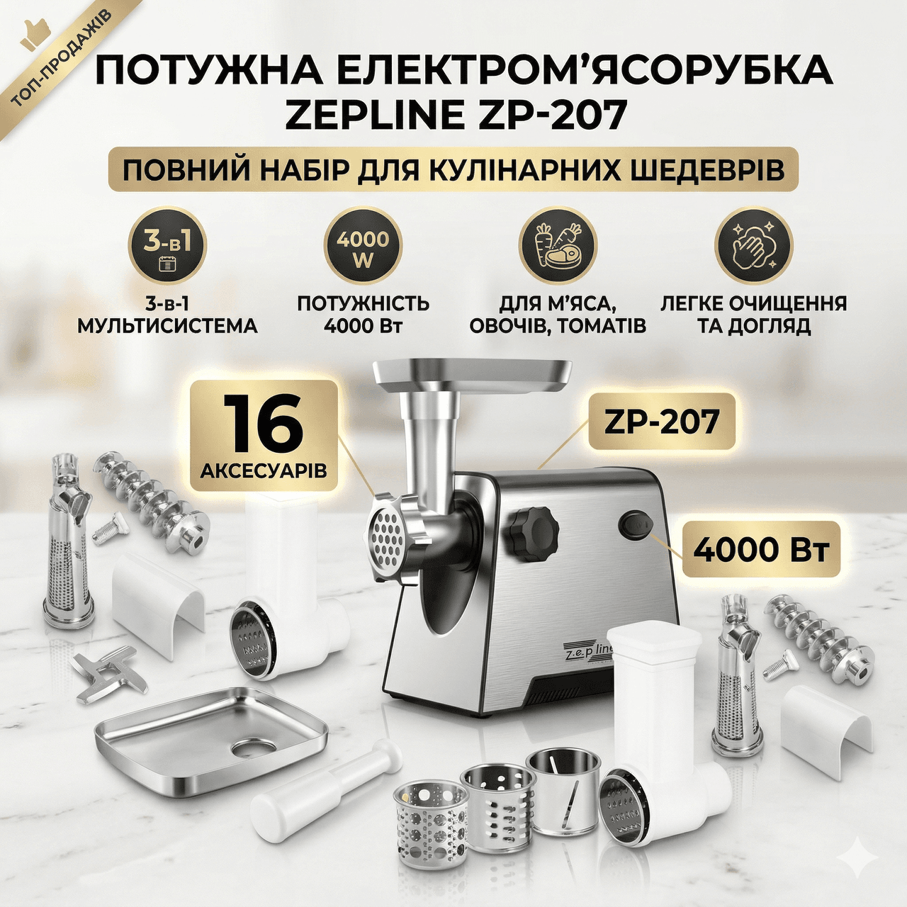 Електром’ясорубка 3в1 4000 Вт Zepline ZP- 00207 М’ясорубка із соковичавницею + шатківниця + насадка для ковбаси