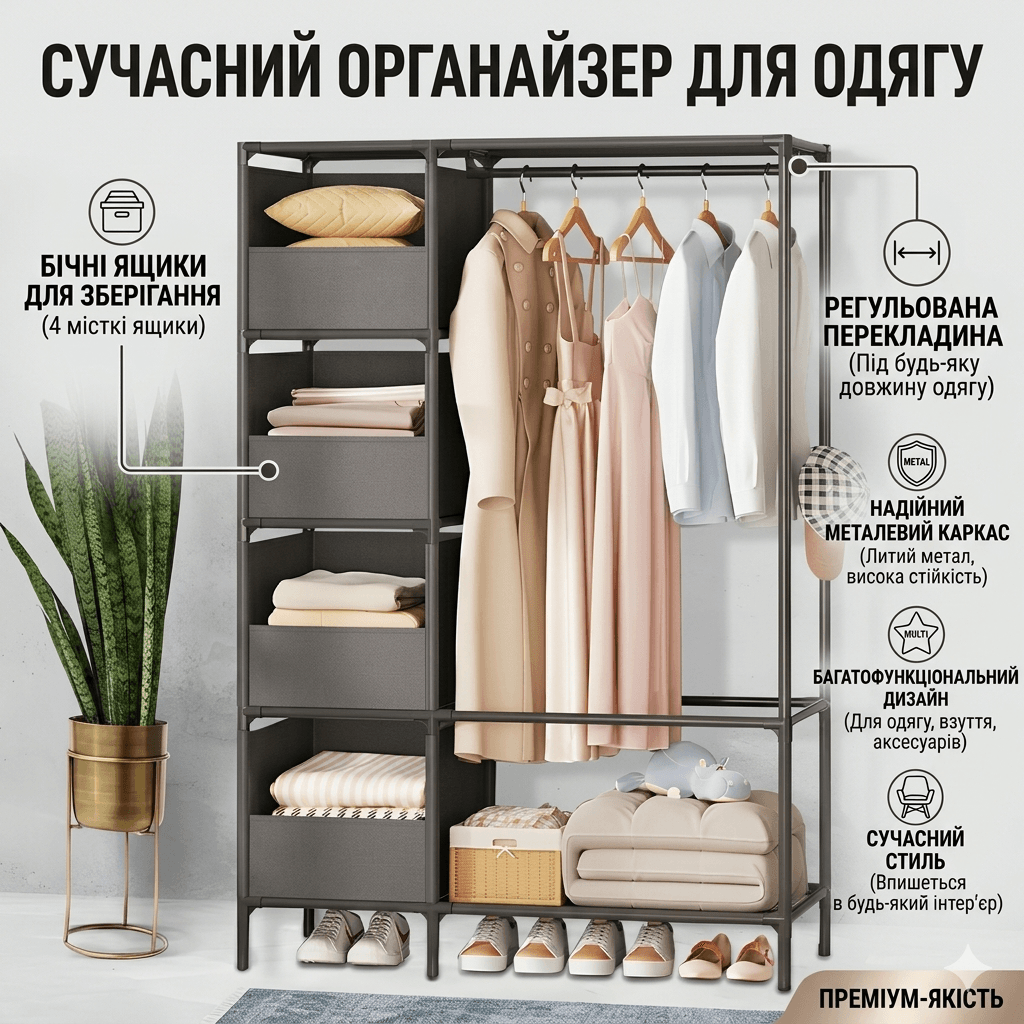 Підлогова стійка для одягу 170х105х45 см з металевим каркасом і полицями NF-2309/MDS-201