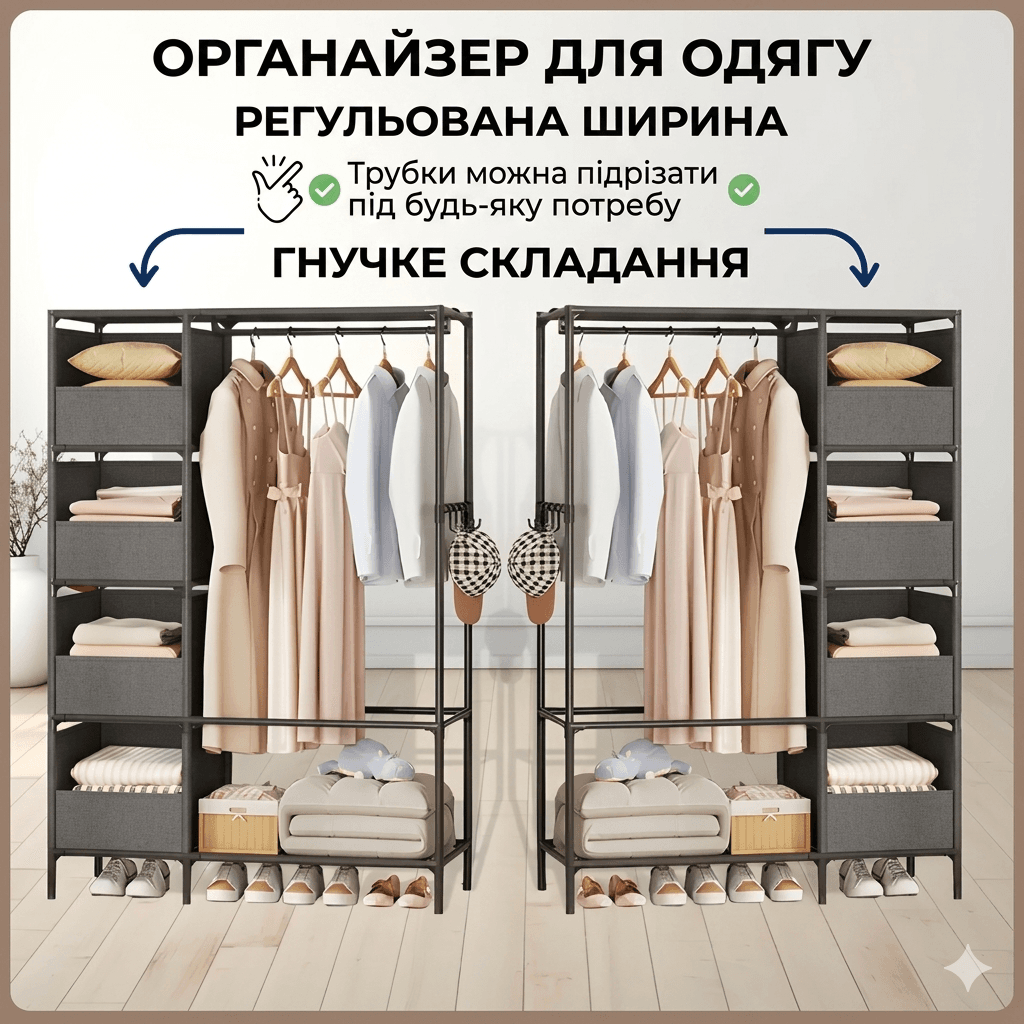 Підлогова стійка для одягу 170х105х45 см з металевим каркасом і полицями NF-2309/MDS-201
