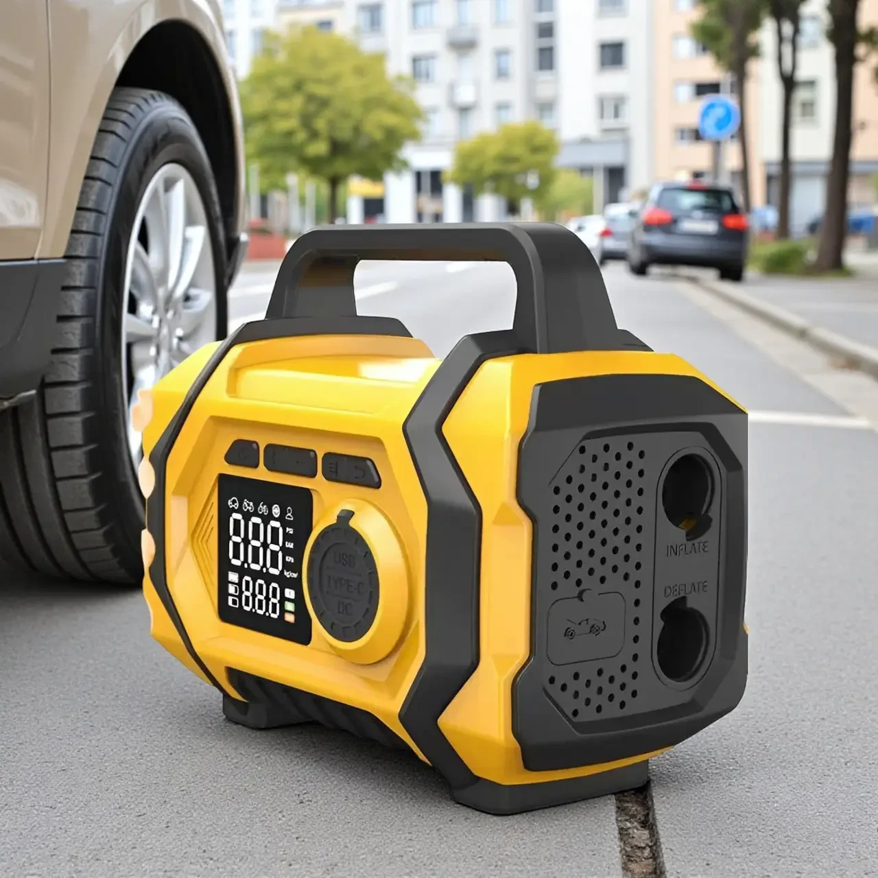 Переносний компресор ATJ-201 з акумулятором 8000 mAh, ліхтариком і набором насадок