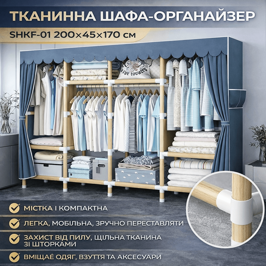 Тканинна шафа для зберігання речей із дерев’яним каркасом/Шкаф-органайзер для одягу та взуття 200х45х170 см Сірий