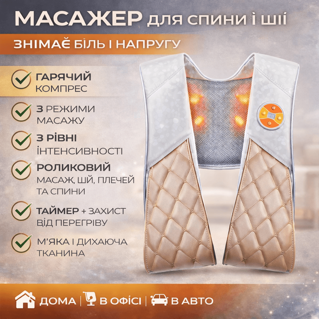 Масажер для шиї, плечей і спини електричний із підігрівом/Вібромасажер, масажна подушка-накидка