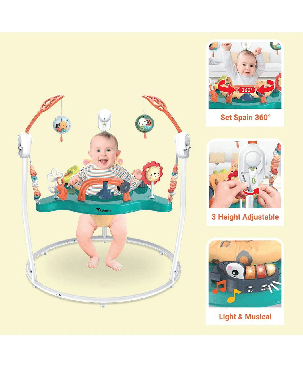 Дитячий ігровий центр-стрибунець Jumperoo: інтерактивний музичний центр 360° з регулюванням висоти та світловими ефектами Зелений