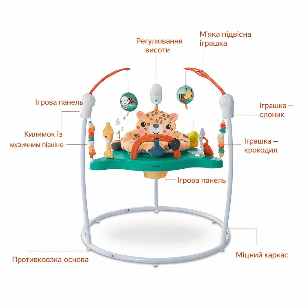 Дитячий ігровий центр-стрибунець Jumperoo: інтерактивний музичний центр 360° з регулюванням висоти та світловими ефектами Зелений