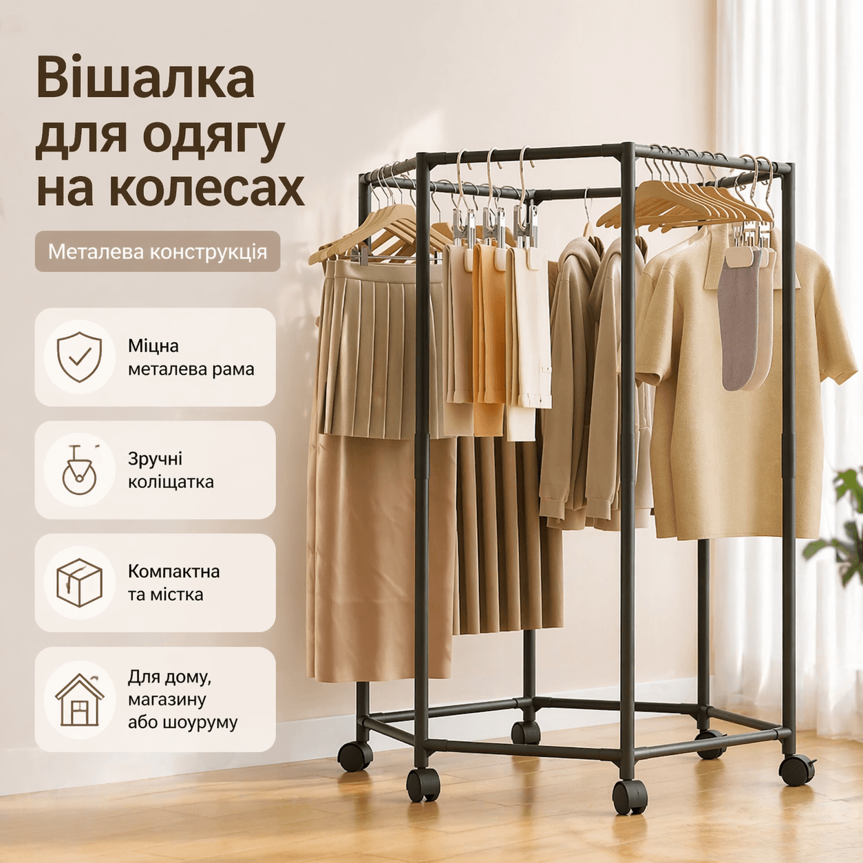 Вішалка для одягу металева на колесах підлогова стійка для речей кругова для дому, магазину та шоуруму 120 см