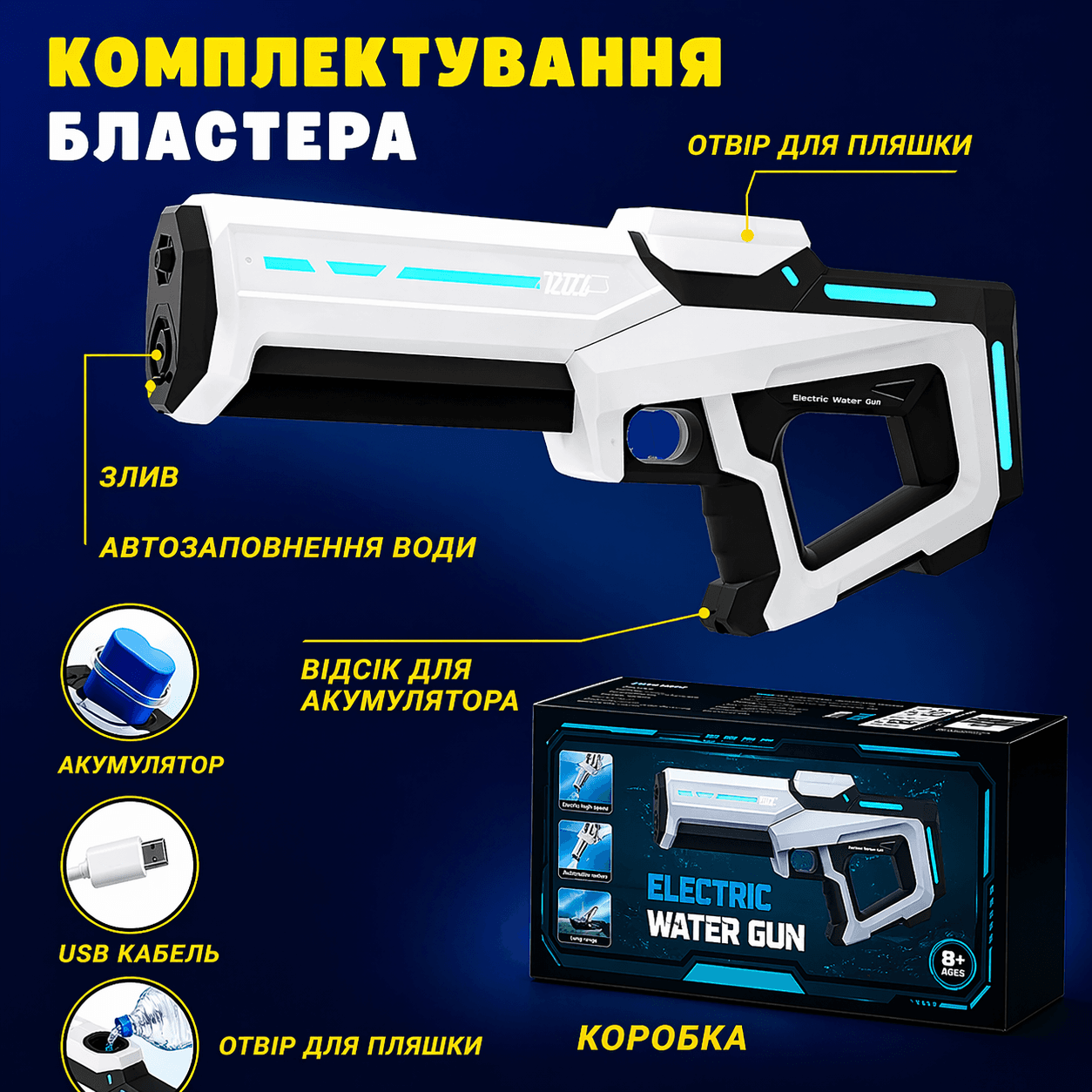 Водяний бластер з акумулятором і функцією всмоктування води, електричний водяний пістолет для дітей і дорослих, автоматичний