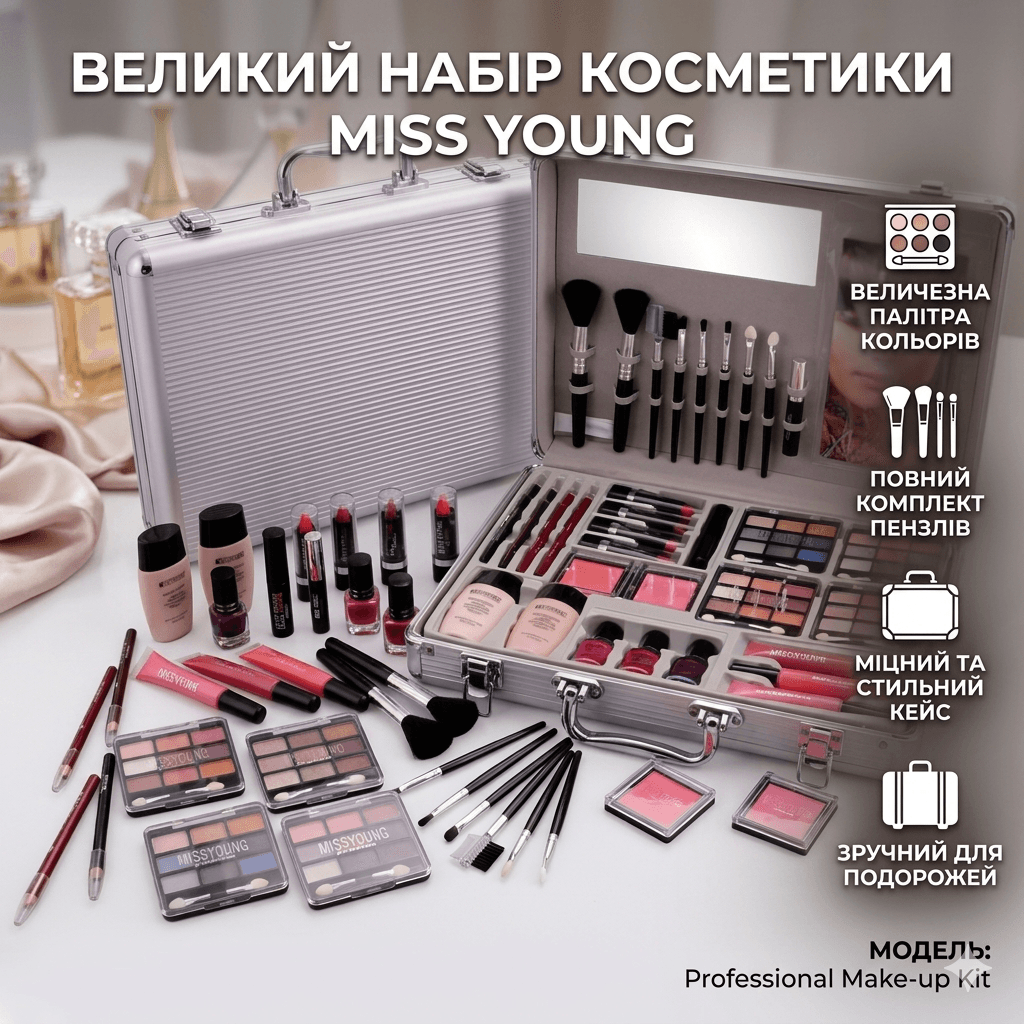 Професійний набір для макіяжу в сріблястому кейсі, 68 предметів/ Косметичний комплект