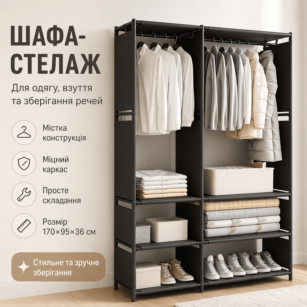Шафа-стелаж для взуття з полицями 170 см/відкрита гардеробна/Фінширинна шафа/ Стелаж для одягу
