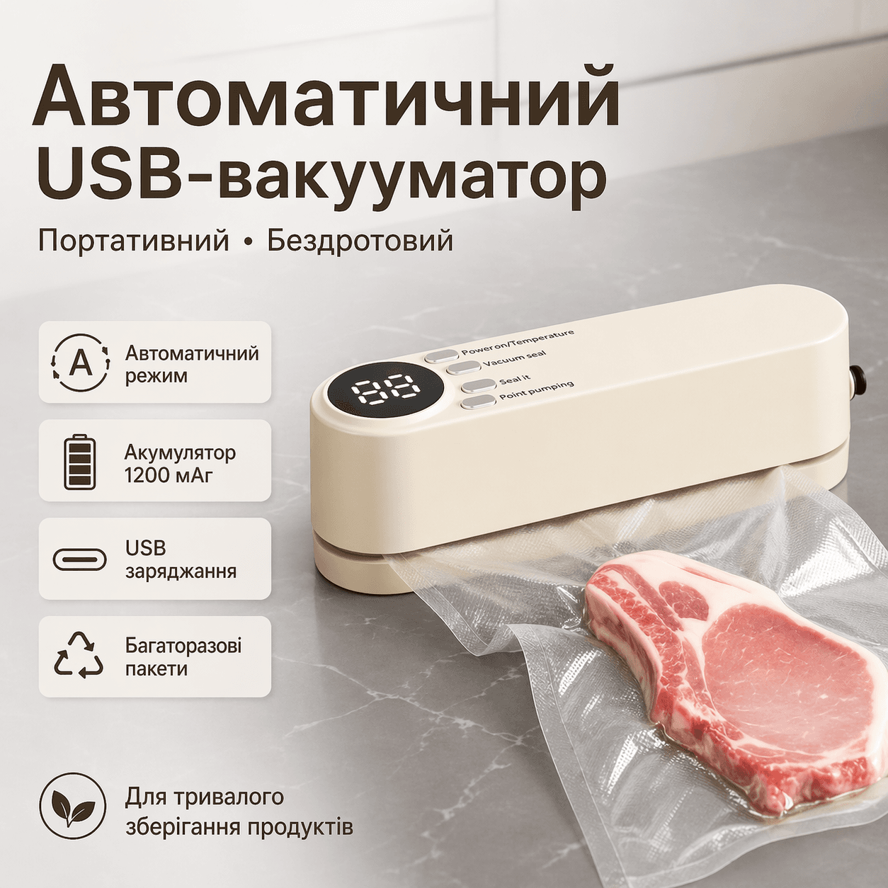 Автоматичний вакууматор USB з герметичними пакетами (бежевий, 1200 мА·год, портативний)