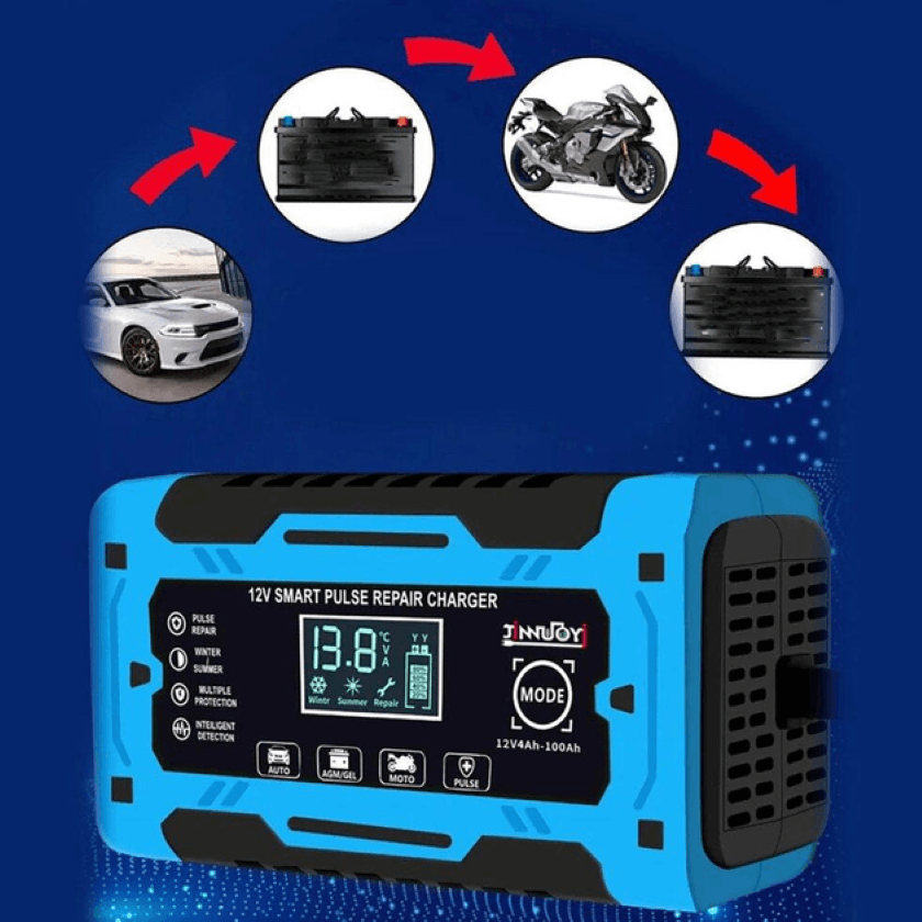 Імпульсний зарядний пристрій для акумуляторів 12 V 10 A з дисплеєм, автоматичним заряджанням і захистом
