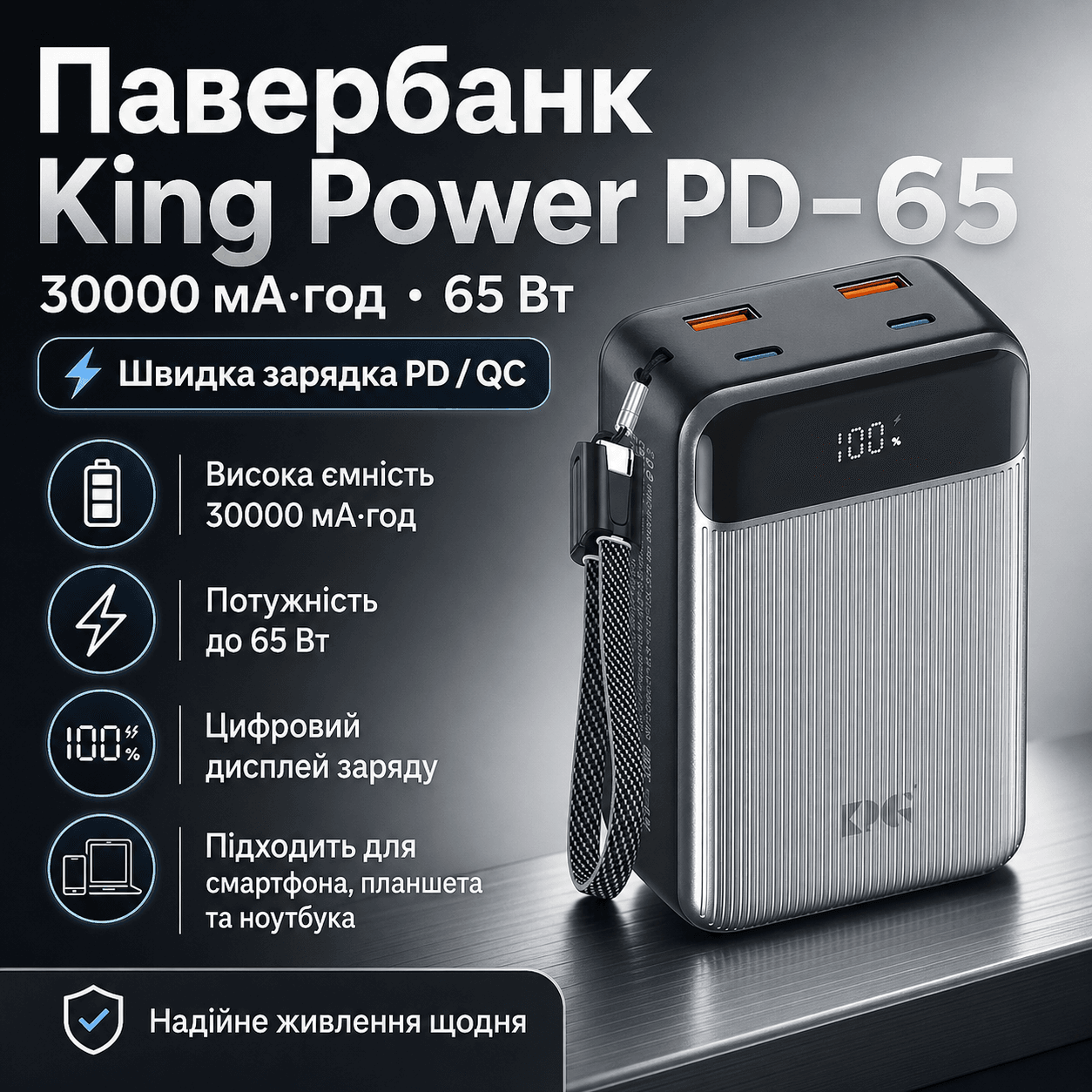 Павербанк King Power PD-65 30000 мА·год 65W зі швидкою зарядкою для смартфона, планшета та ноутбука