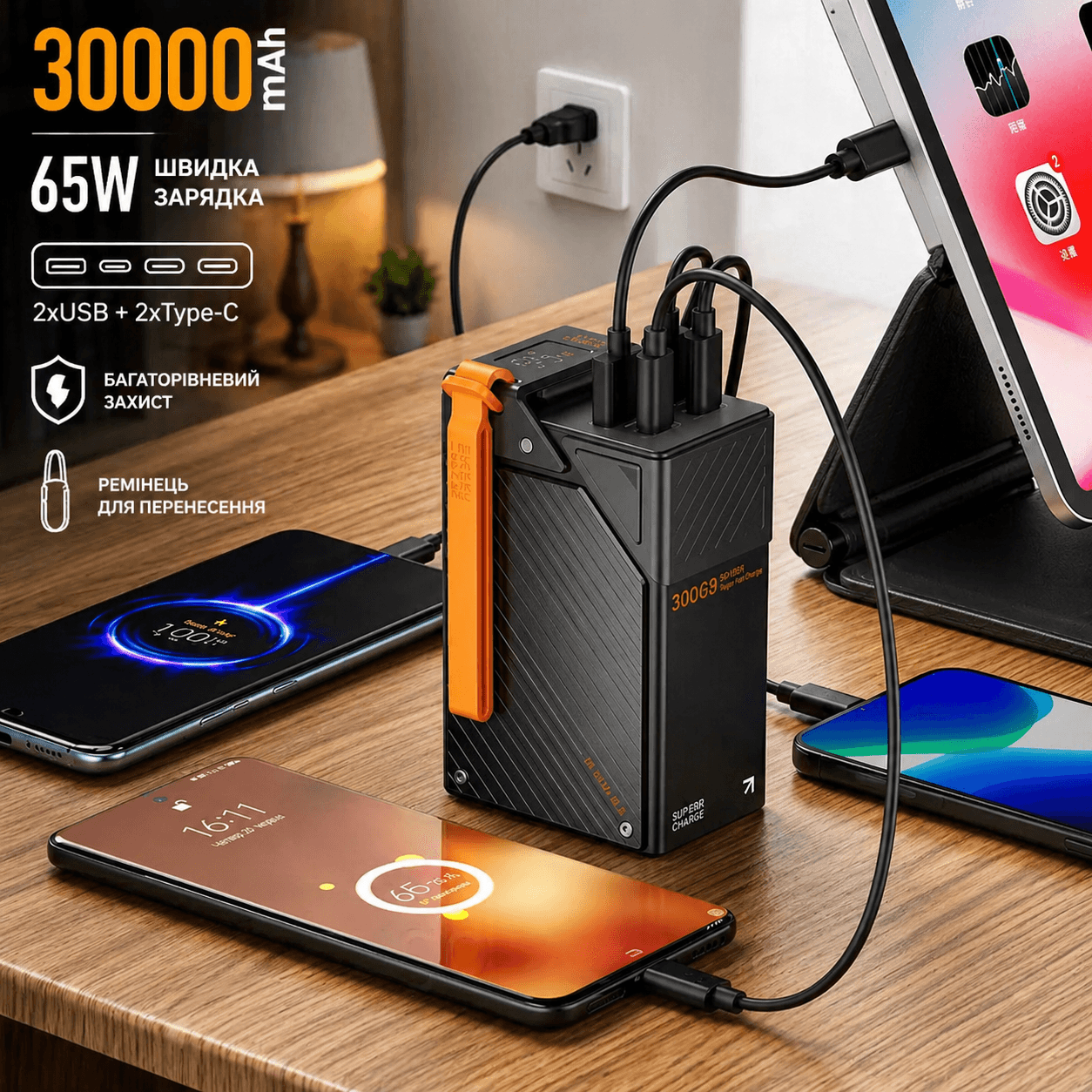Повербанк TUGII Y365 30000 mAh 65W чорний із 2 USB, 2 Type-C та ремінцем для телефону й ноутбука