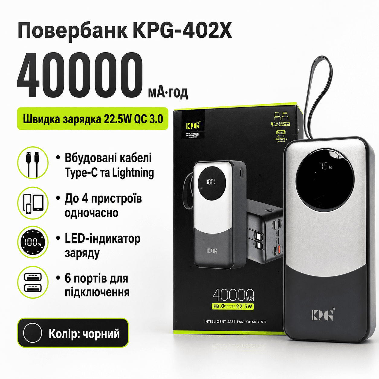 Повербанк KPG-402X 40000 мА·год 22.5W QC із вбудованими кабелями та швидкою зарядкою