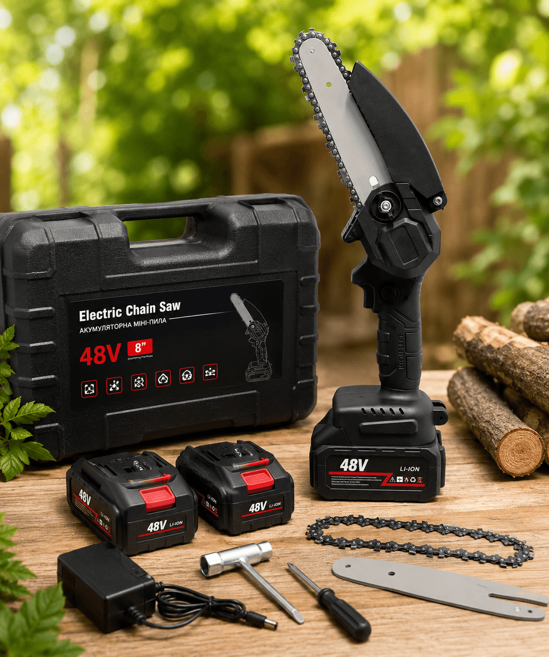 Акумуляторна ланцюгова мініпилка Electric Chain Saw 48 V 8″ дюймів 20 см з 2 акумуляторами для обрізання гілок дерев у кейсі
