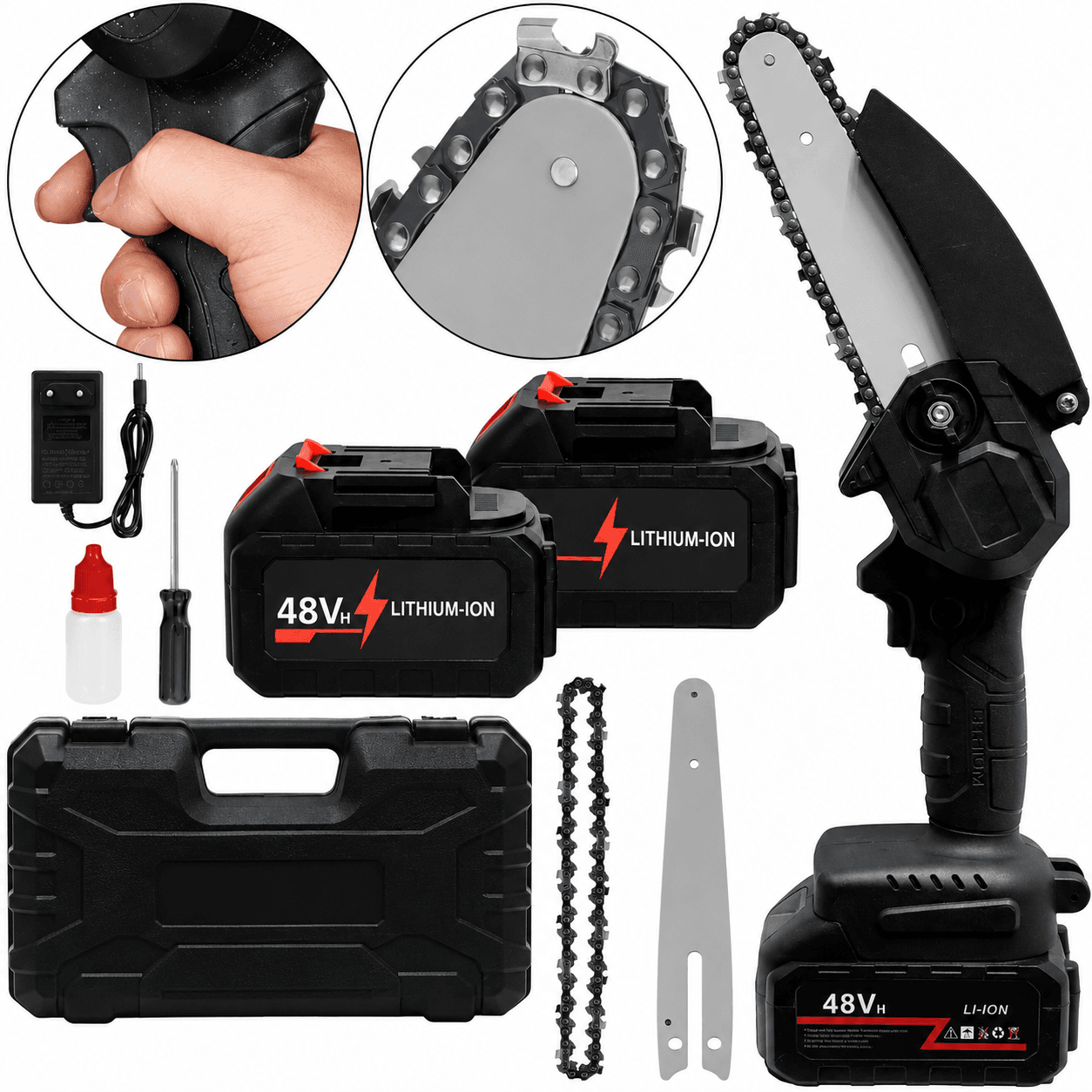 Акумуляторна ланцюгова мініпилка Electric Chain Saw 48 V 8″ дюймів 20 см з 2 акумуляторами для обрізання гілок дерев у кейсі