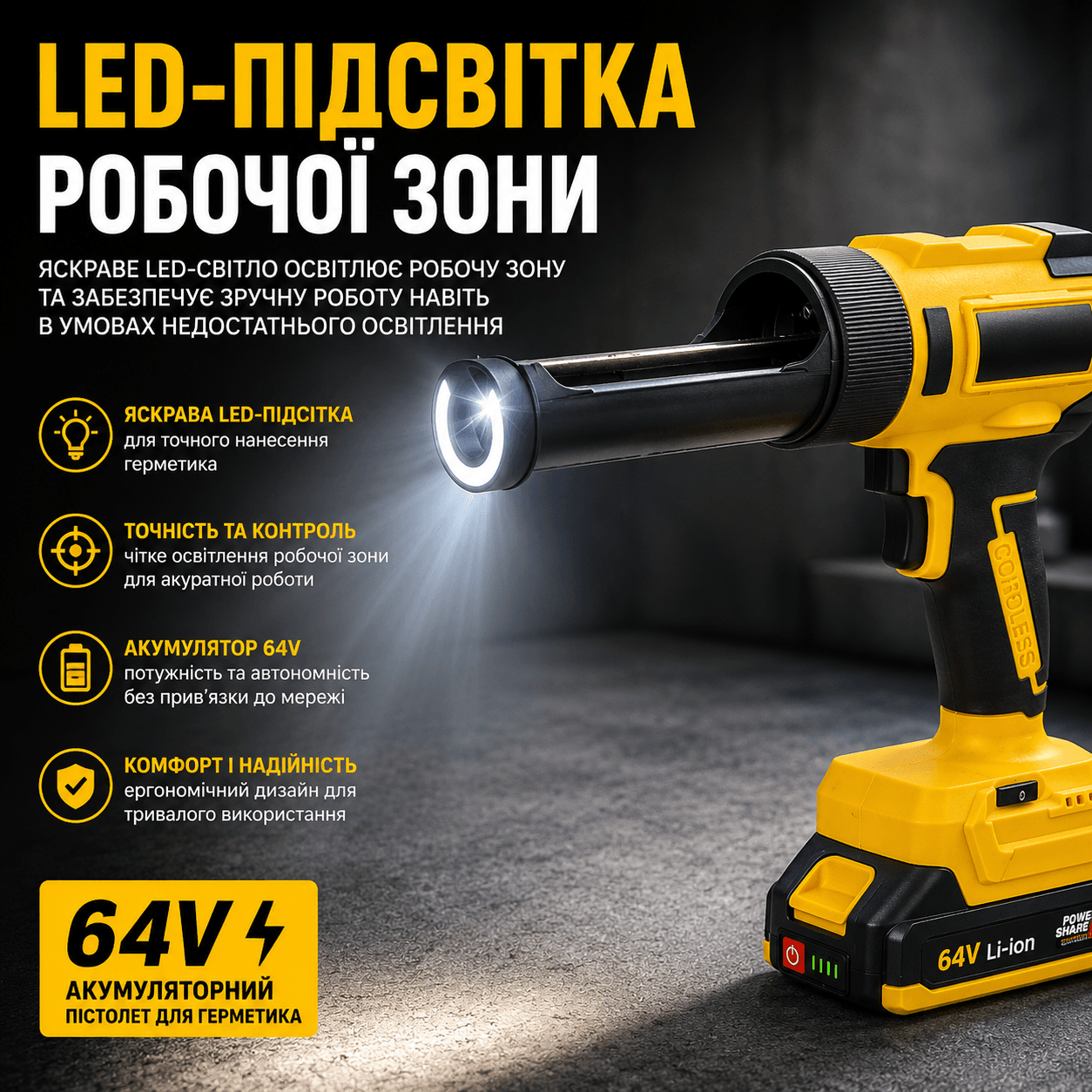 Акумуляторний пістолет для герметика CB-3982, з LED-підсвіткою, 64V