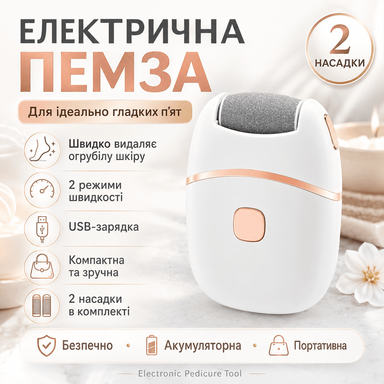 Електропемза USB з 2 шліфувальними насадками, Білий / Акумуляторна шліфувальна машинка для педикюру / Прилад для педикюру