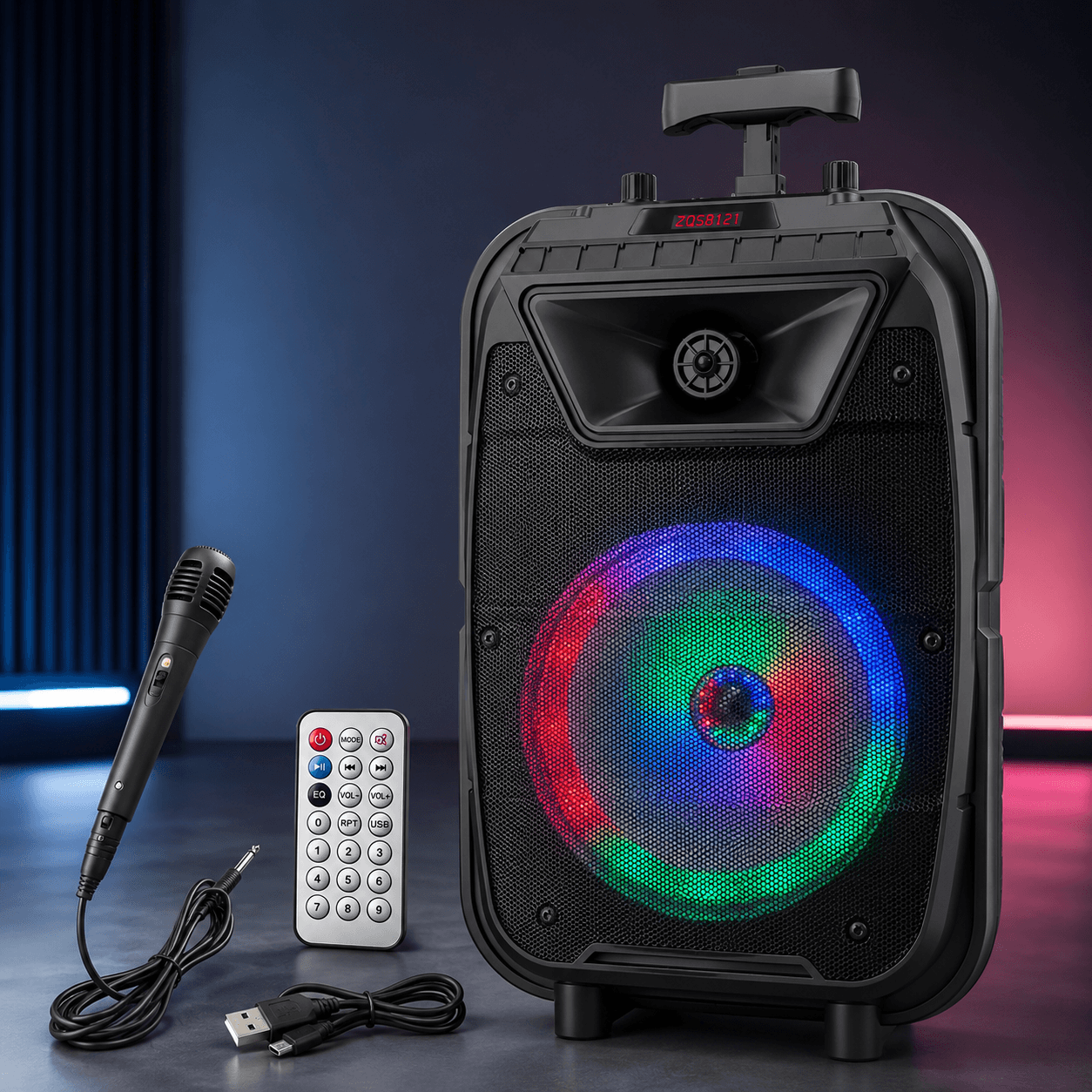 Портативна колонка Bluetooth на акумуляторі з підсвічуванням, мікрофоном та пультом ZQS8121