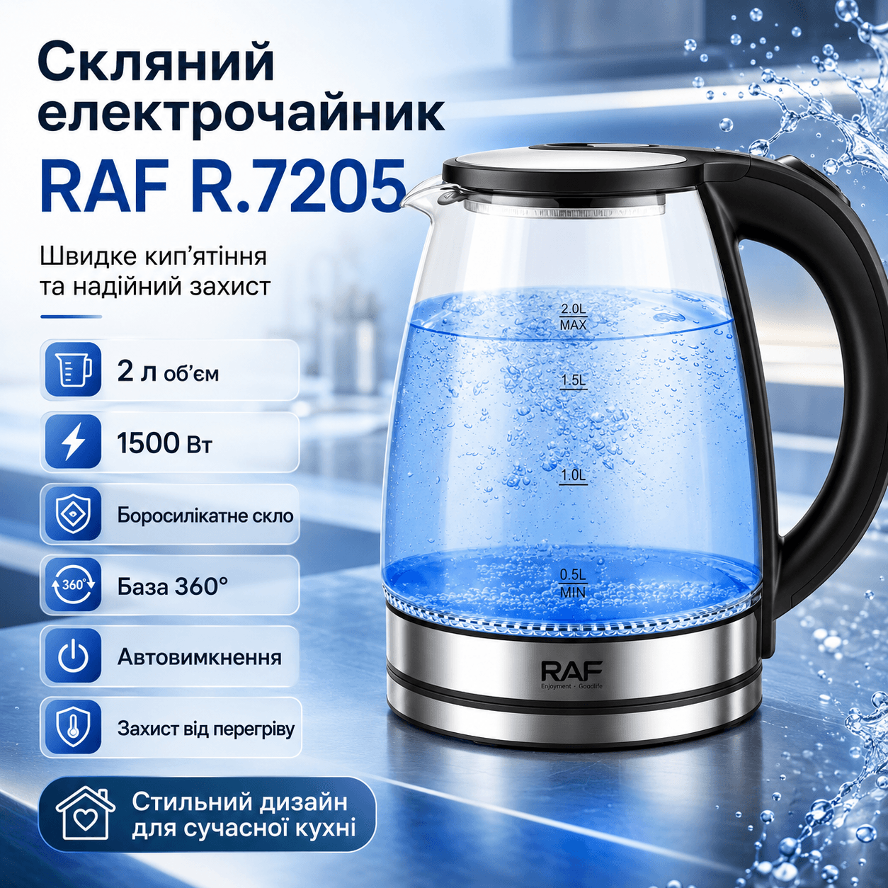 Скляний електрочайник на 2 л зі швидким кип’ятінням RAF R.7205 1500W
