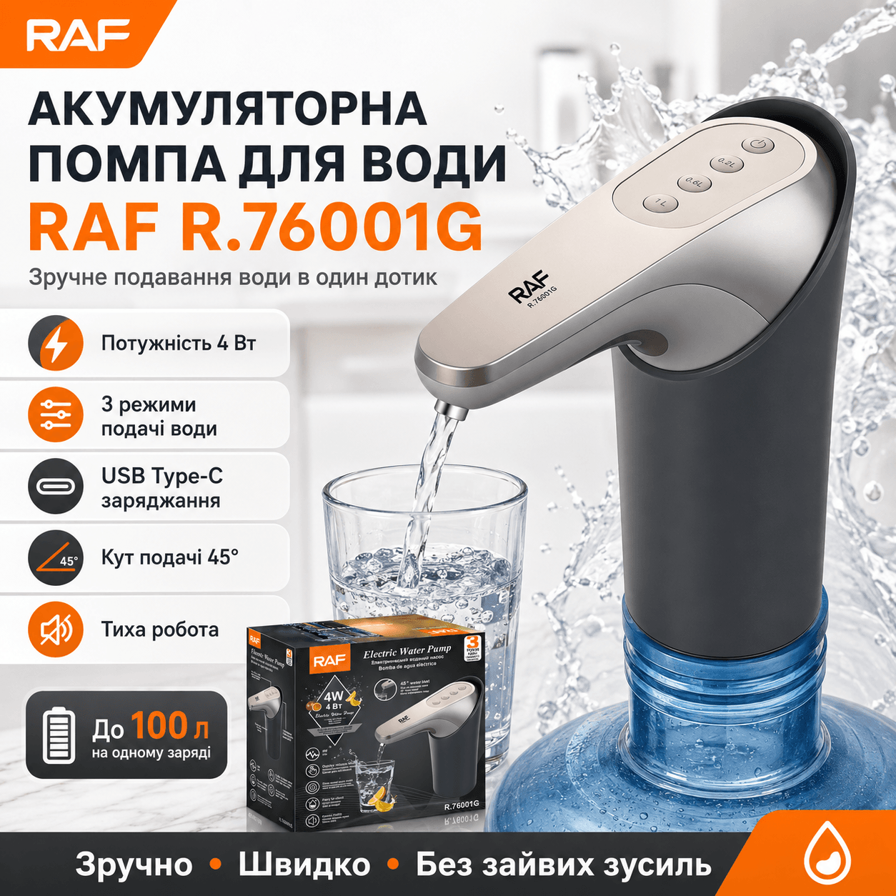 Акумуляторна помпа для води 4W з 3 режимами роботи RAF 76001G