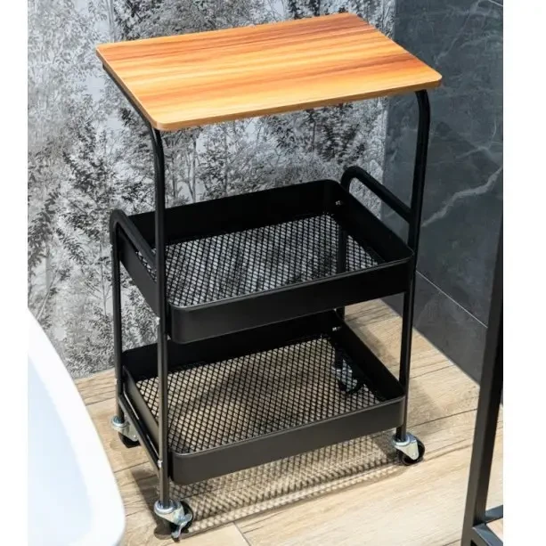 Етажерка на колесах 3 яруси 43×30×77 см чорна M50287-BL, металевий візок-органайзер із полицями та стільницею під дерево
