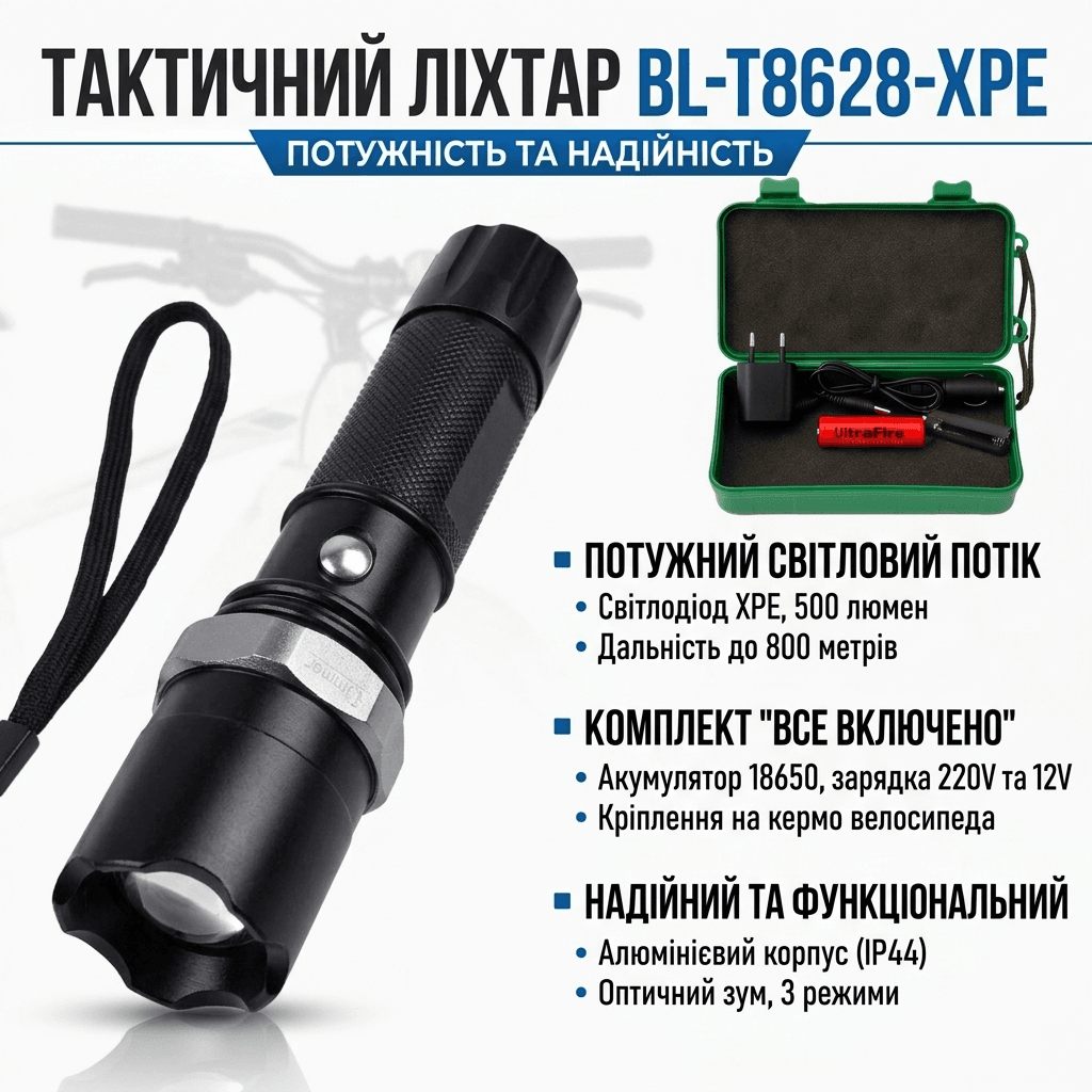 Акумуляторний ліхтарик тактичний від мережі, прикурювача, батарейок BL-T8628-XPE/ручний ліхтарик із кріпленням для велосипеда