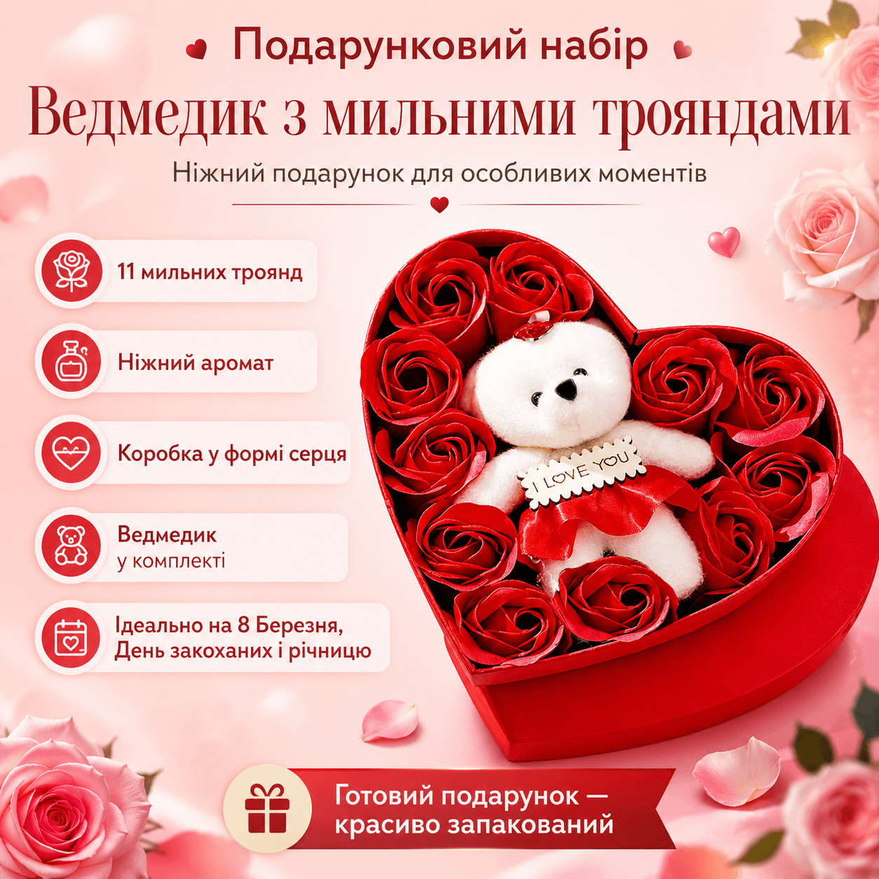 Подарунковий набір “Ведмедик з мильними трояндами” у формі серця, Червоний / Подарунок дівчині