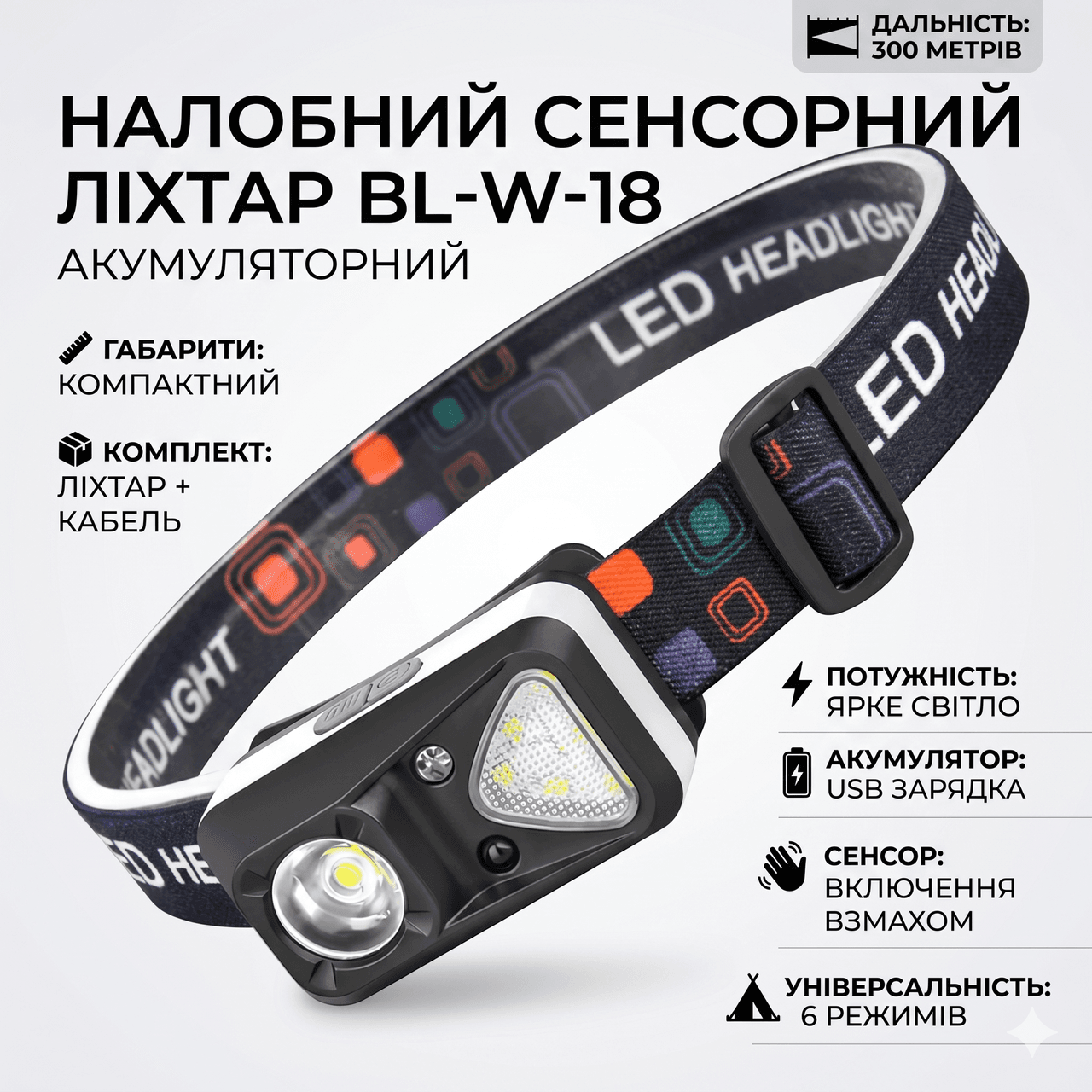 Налобний ліхтар акумуляторний, BL-W-18, Чорний/ Сенсорний ліхтарик налобний/Ліхтарик на голову
