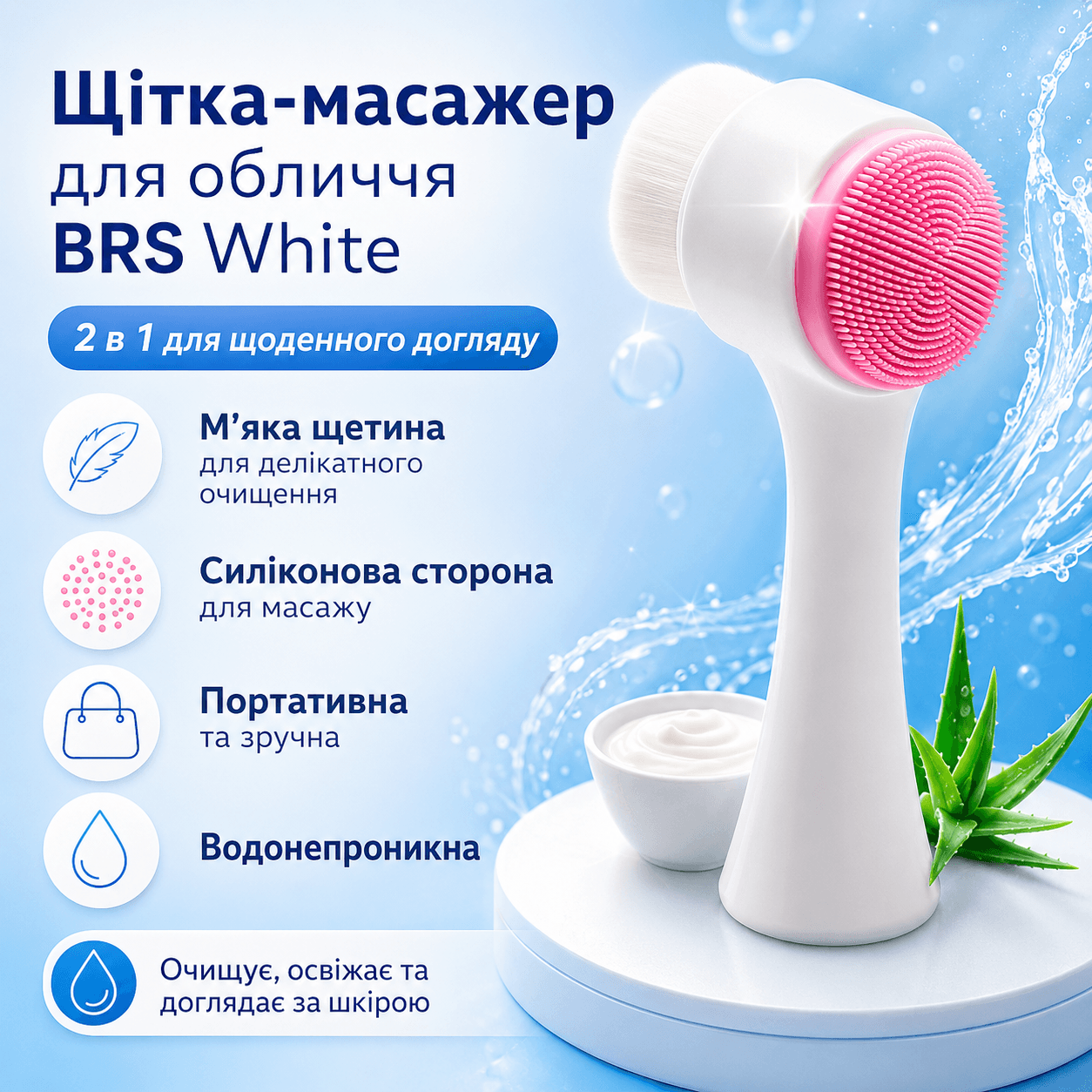 Щітка масажер для чищення вмивання обличчя двостороння BRS White
