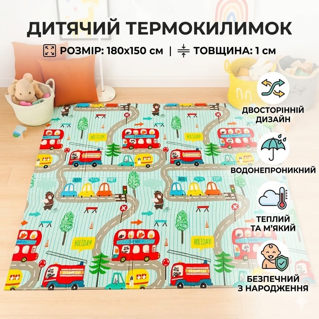Дитячий термокилимок двосторонній 180х150 см, Жираф і дорога/Ігровий килимок дитячий