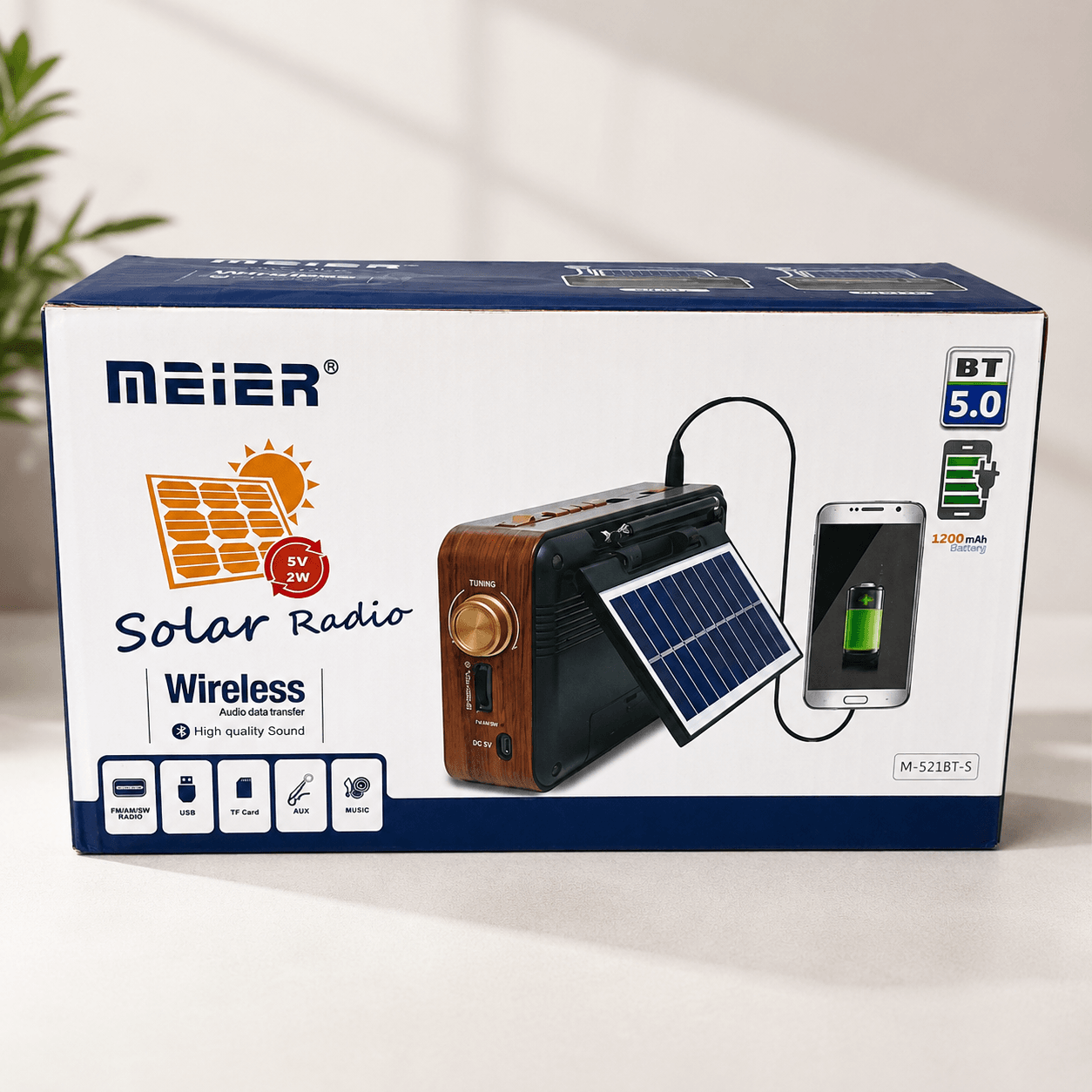 Портативний FM радіоприймач МЕІЕR М-521BT-S FM радіо програвач з флешкою USB на акумуляторі з сонячною батареєю