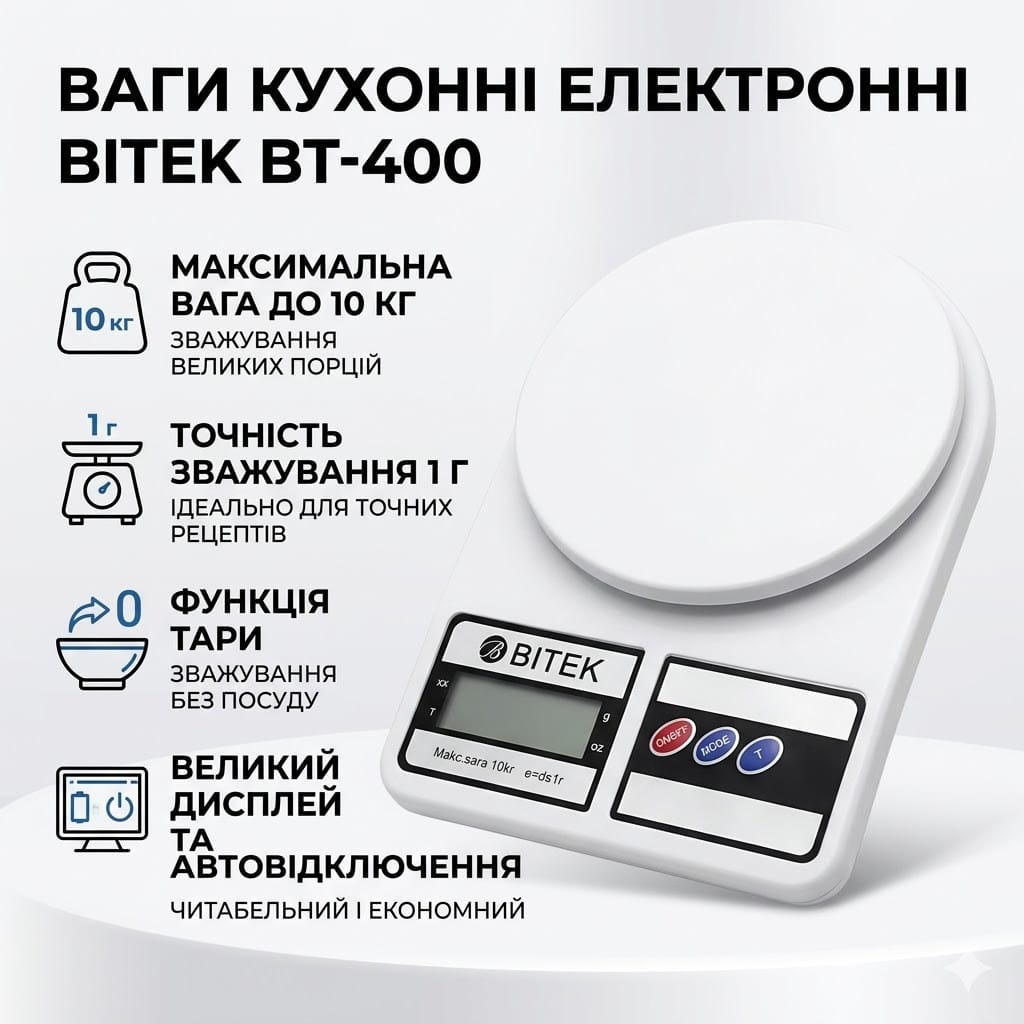 Ваги кухонні електронні з платформою до 10 кг від 1г BITEK BT-400 Білі