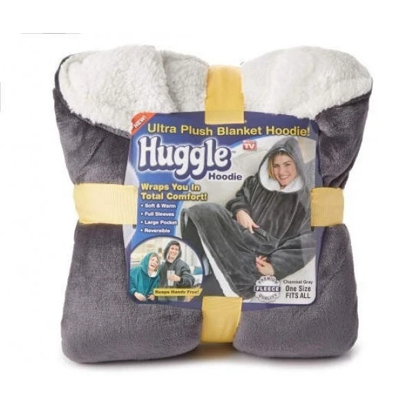Толстовка плед Сірий з рукавами та капюшоном Huggle Hoodie оверсайз, тепле худі з великою кишенею для рук