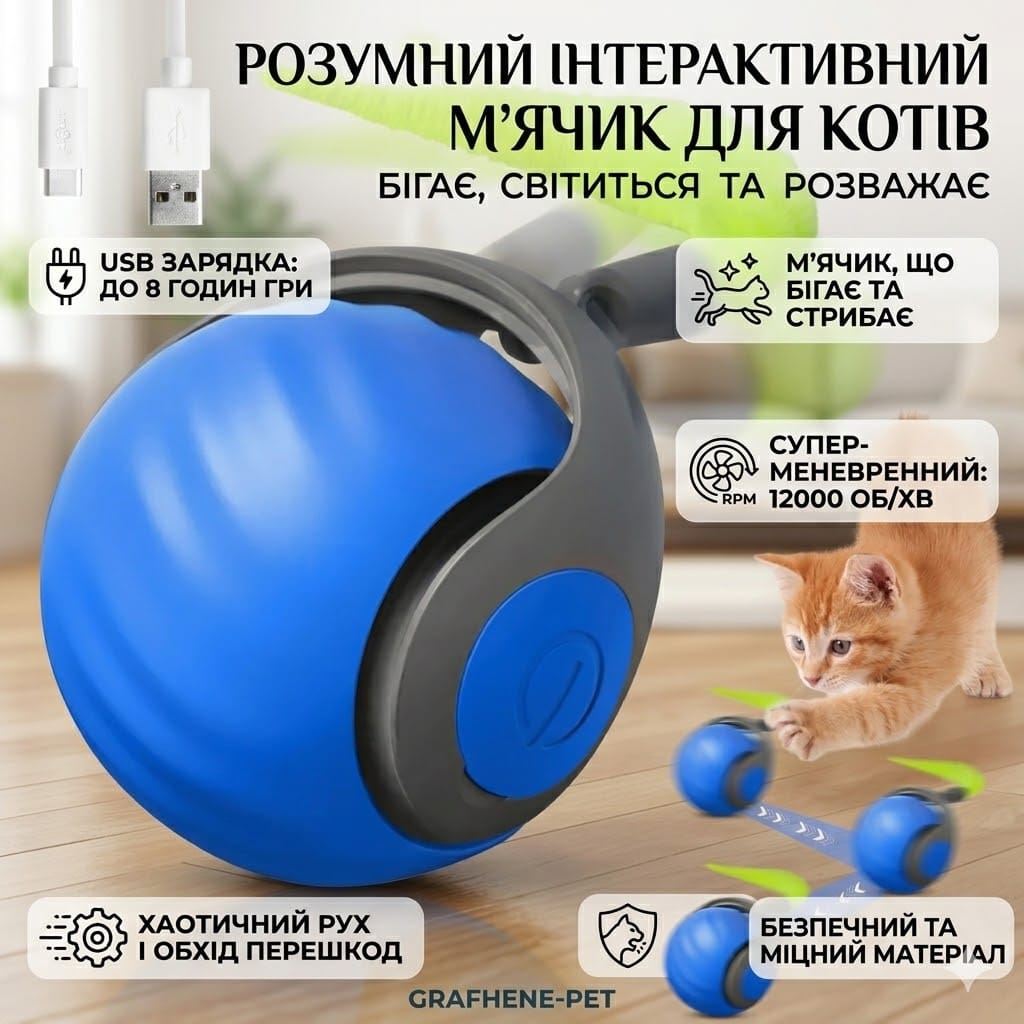 Інтерактивний м’ячик для кота з підсвіткою, від USB, 5,5 см, Синій/ Розумний м’ячик для котів/Смарт іграшка для кішок