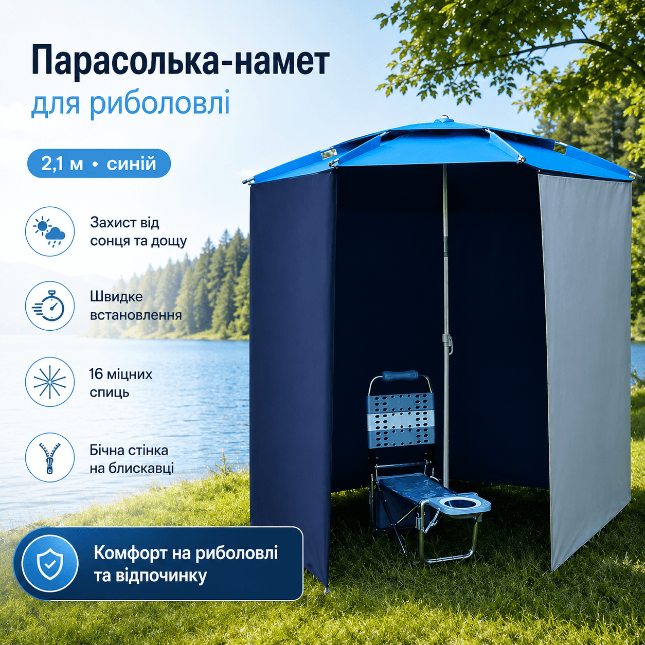 Риболовський намет-парасолька з бічною застібкою 2в1, 2,1м, Синій /Парасолька-намет для риболовлі та пляжу