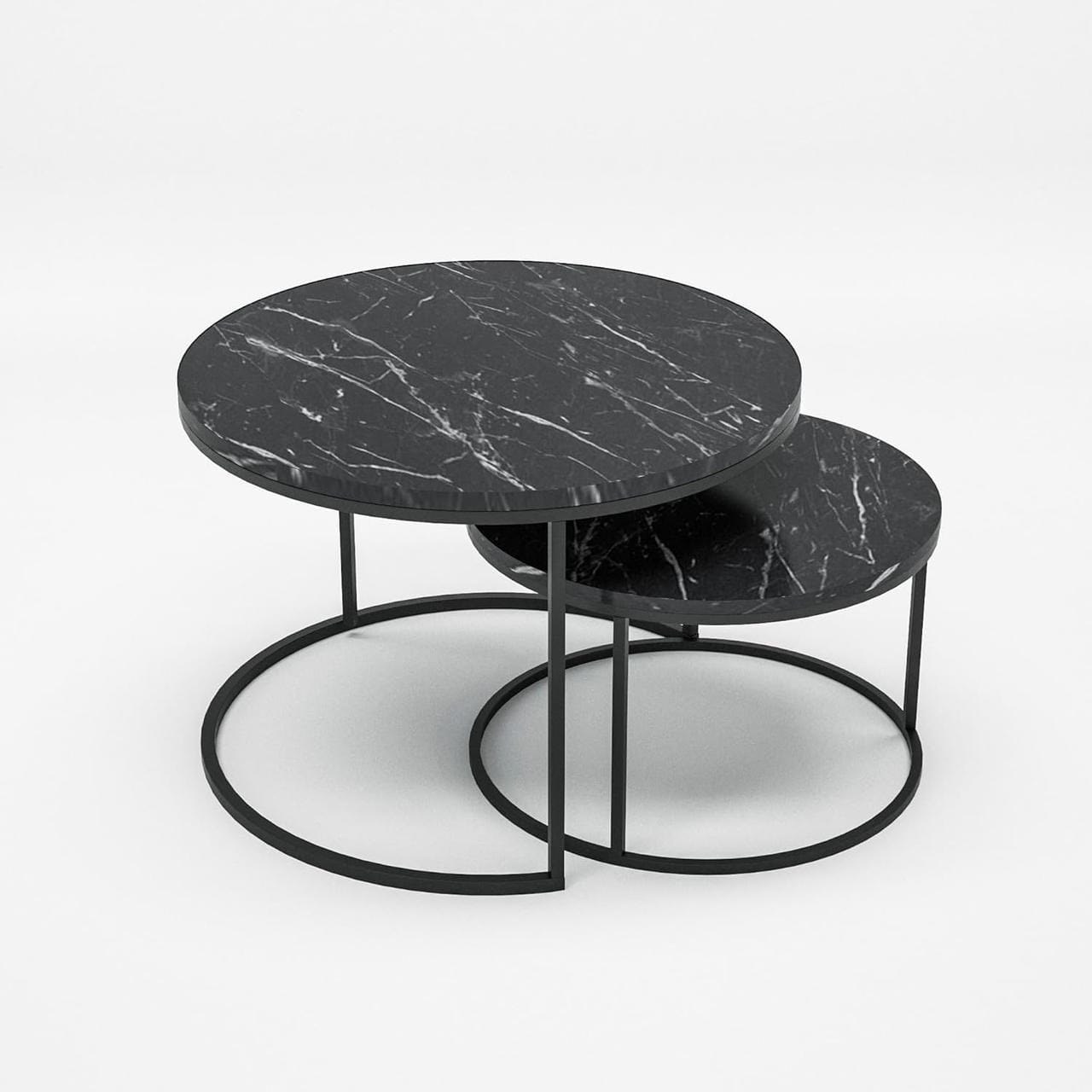 Набір журнальних столиків Solme Homepaketo 2 в 1 Marble Black, круглі кавові столики 75 см і 60 см із мармуровою стільницею