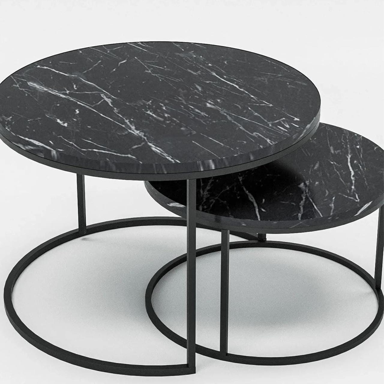 Набір журнальних столиків Solme Homepaketo 2 в 1 Marble Black, круглі кавові столики 75 см і 60 см із мармуровою стільницею