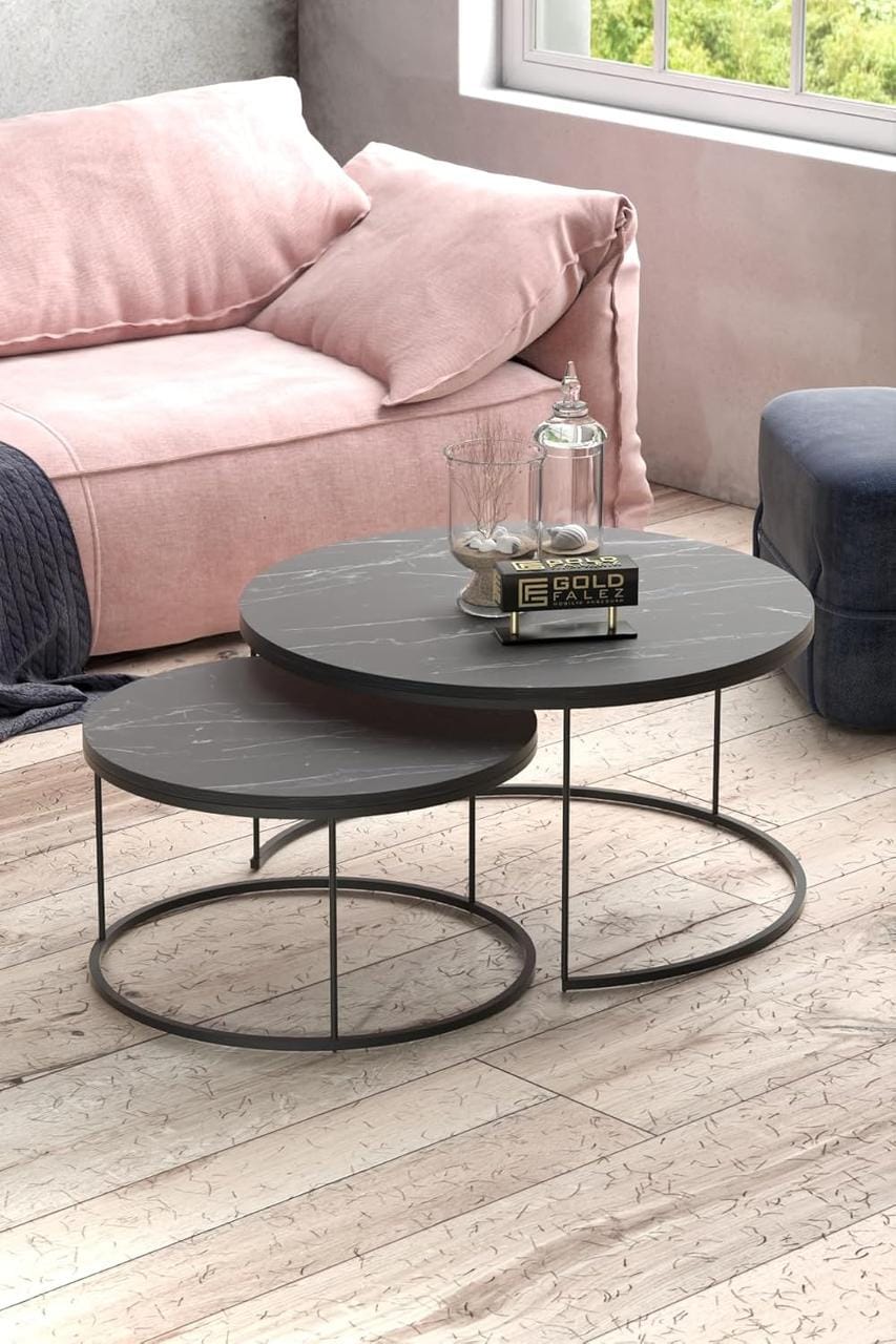 Набір журнальних столиків Solme Homepaketo 2 в 1 Marble Black, круглі кавові столики 75 см і 60 см із мармуровою стільницею