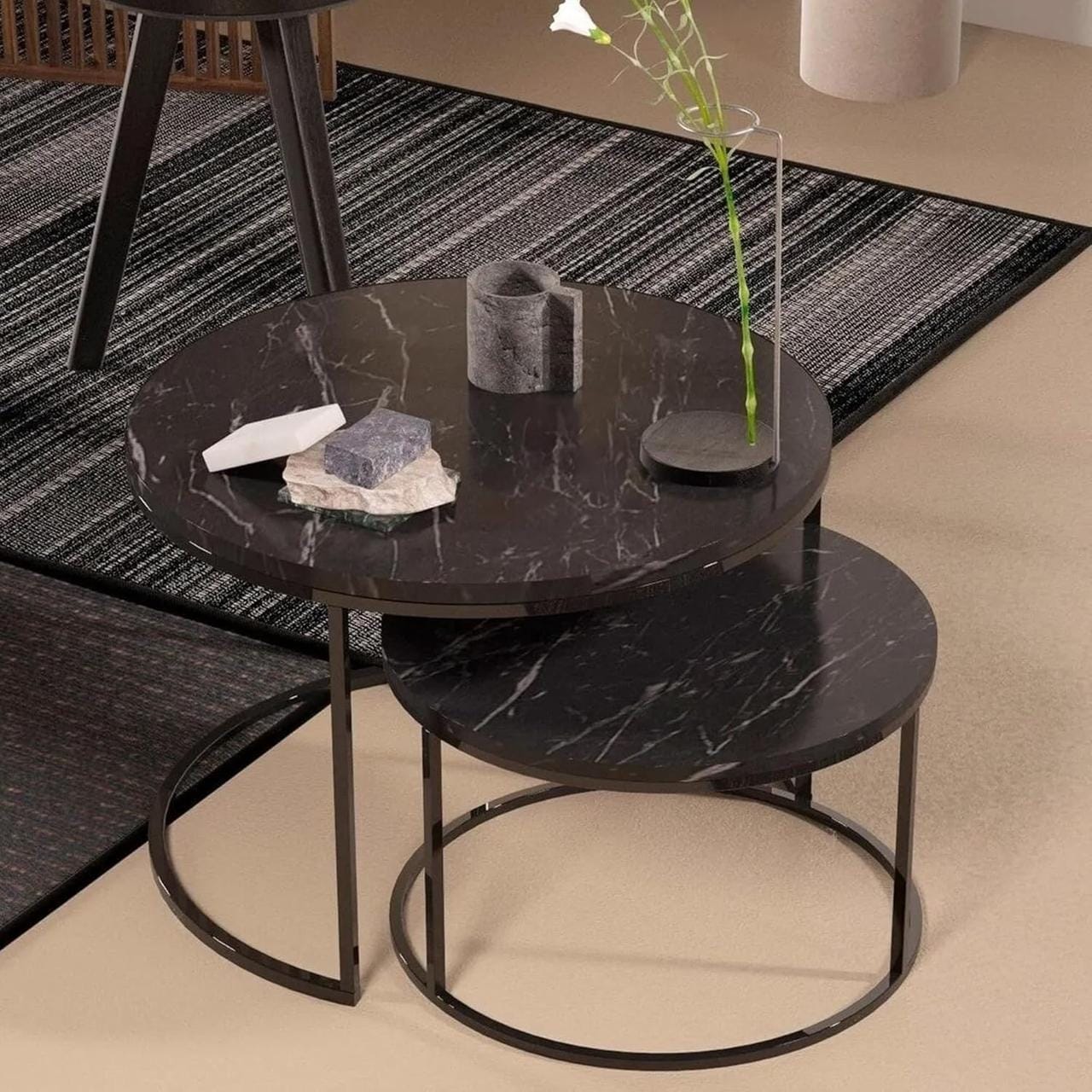 Набір журнальних столиків Solme Homepaketo 2 в 1 Marble Black, круглі кавові столики 75 см і 60 см із мармуровою стільницею