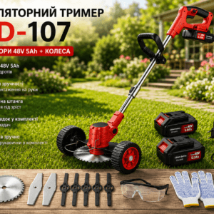 Газонокосарка/тример для косіння трави MLD-107/Акумуляторнийтример 48 В, 5000 мАг/Тример для трави 2 АКБ + колеса