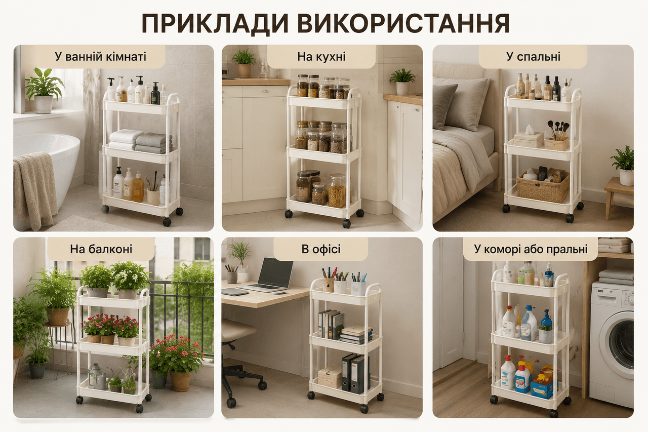 Полиця-етажерка 64205/Мобільна пластикова етажерка 31×21×85,5 см/Полиця на колесах