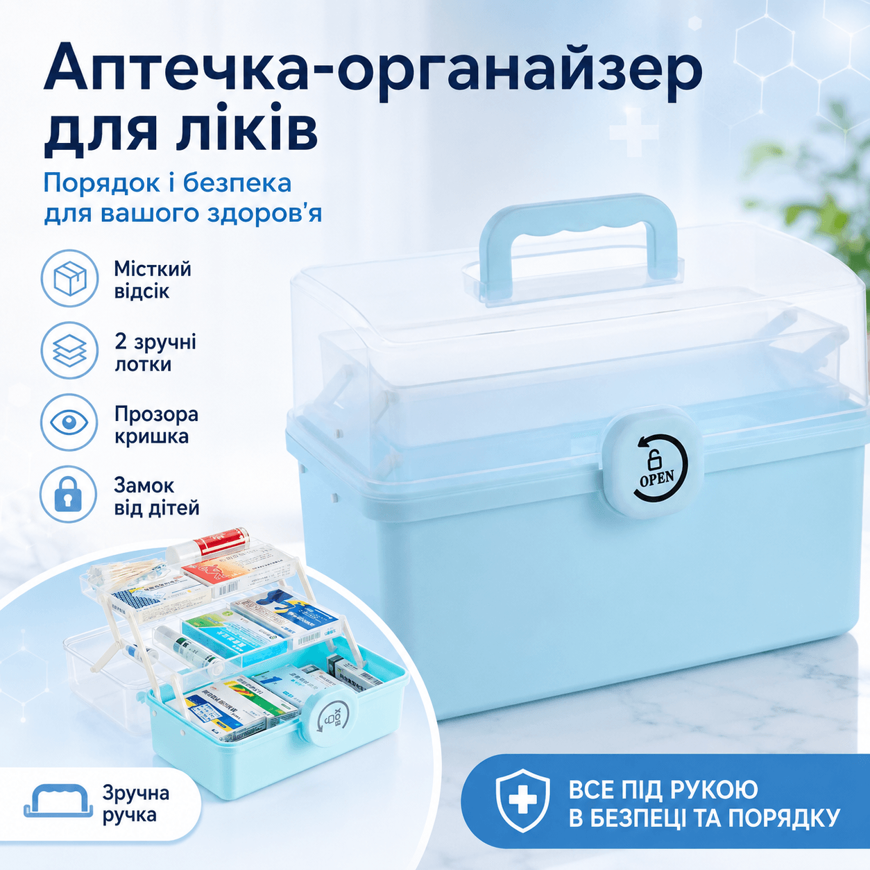Аптечка органайзер для ліків, 37х23х26 см, Блакитний/ Органайзер для зберігання ліків/контейнер для ліків