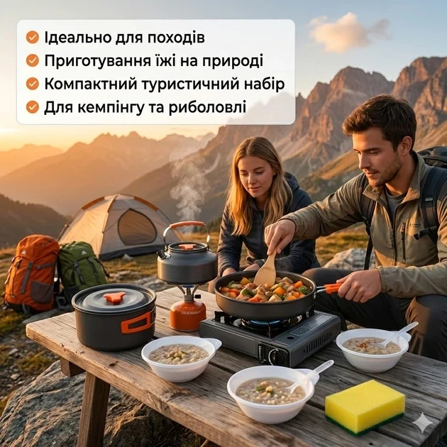 Набір туристичного посуду 7 в 1 з анодованого алюмінію, похідний комплект для кемпінгу на 2-3 особи з каструлями, сковорідок