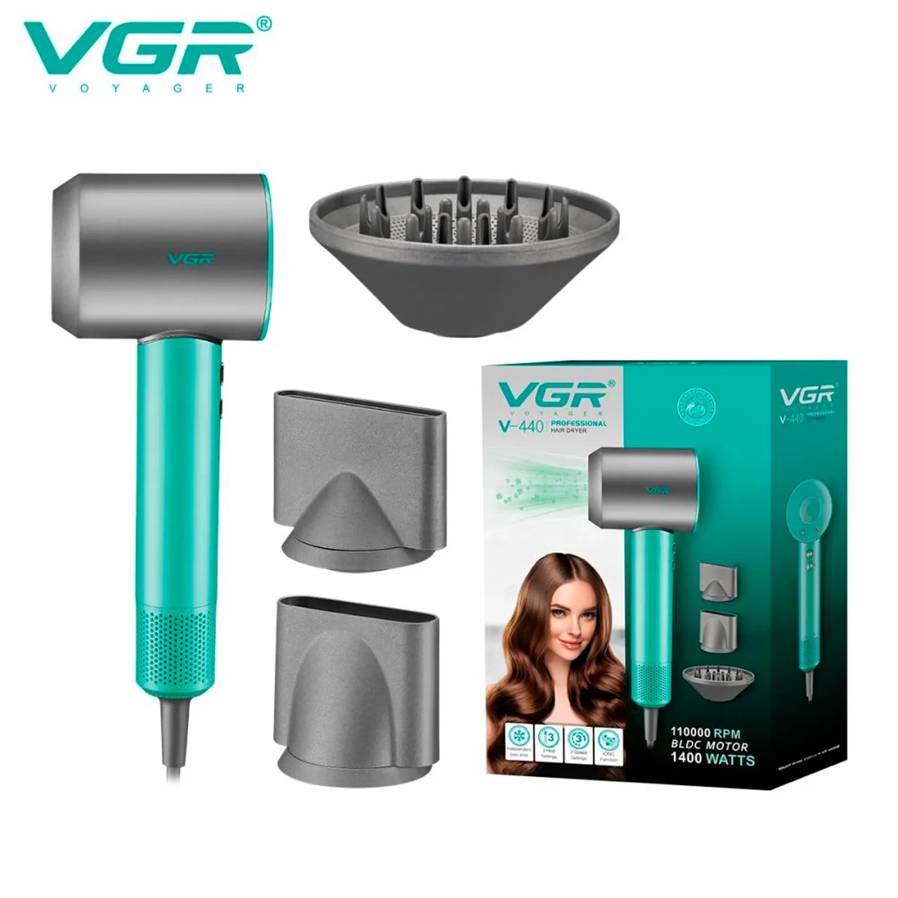 Професійний фен VGR V-440 GREEN 1400 Вт, фен для сушіння та укладання волосся з 3 насадками, 3 рівнями обдуву та холодним повітрям